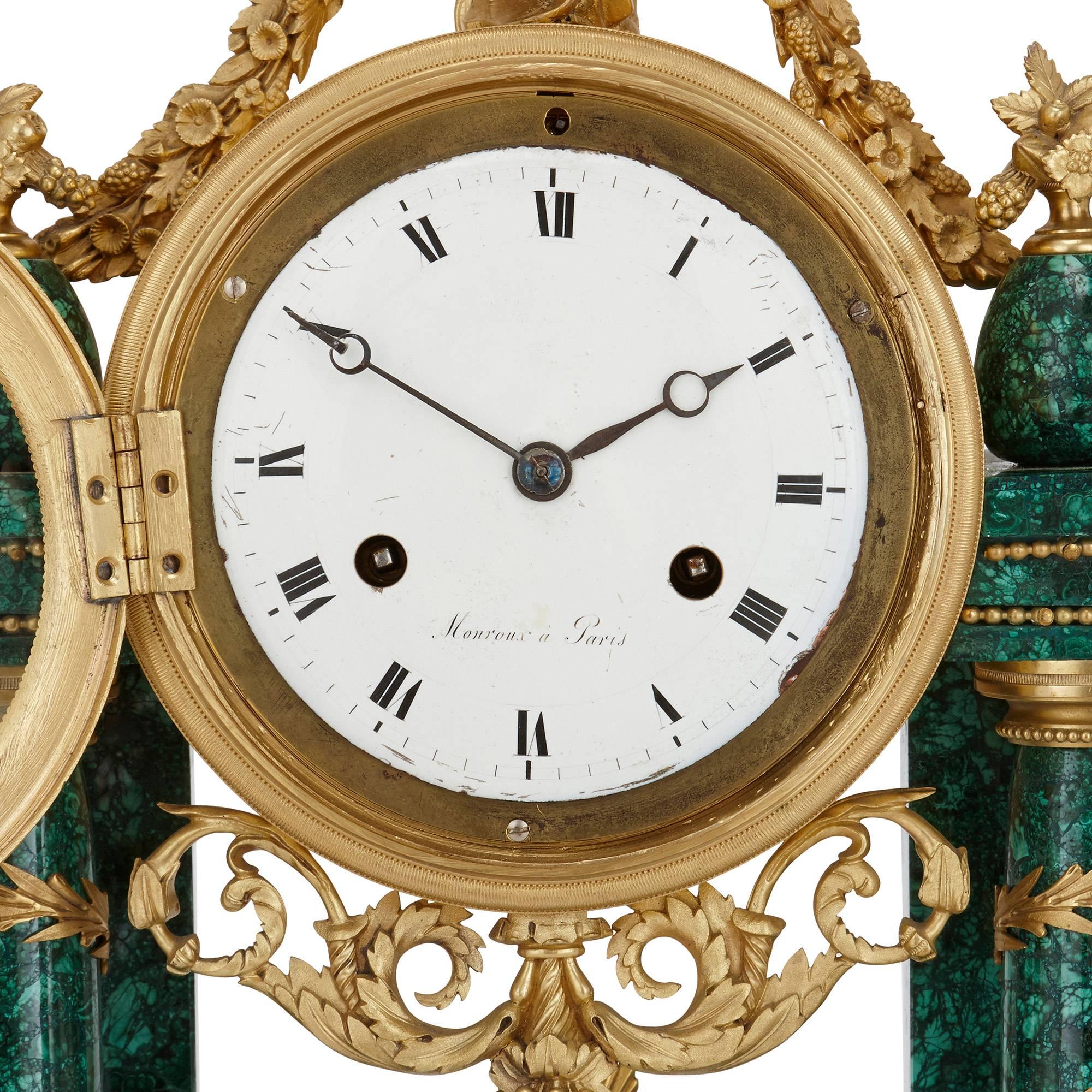 French Gilt Bronze Mounted Antique Malachite Mantel Clock from the Louis XVI Period