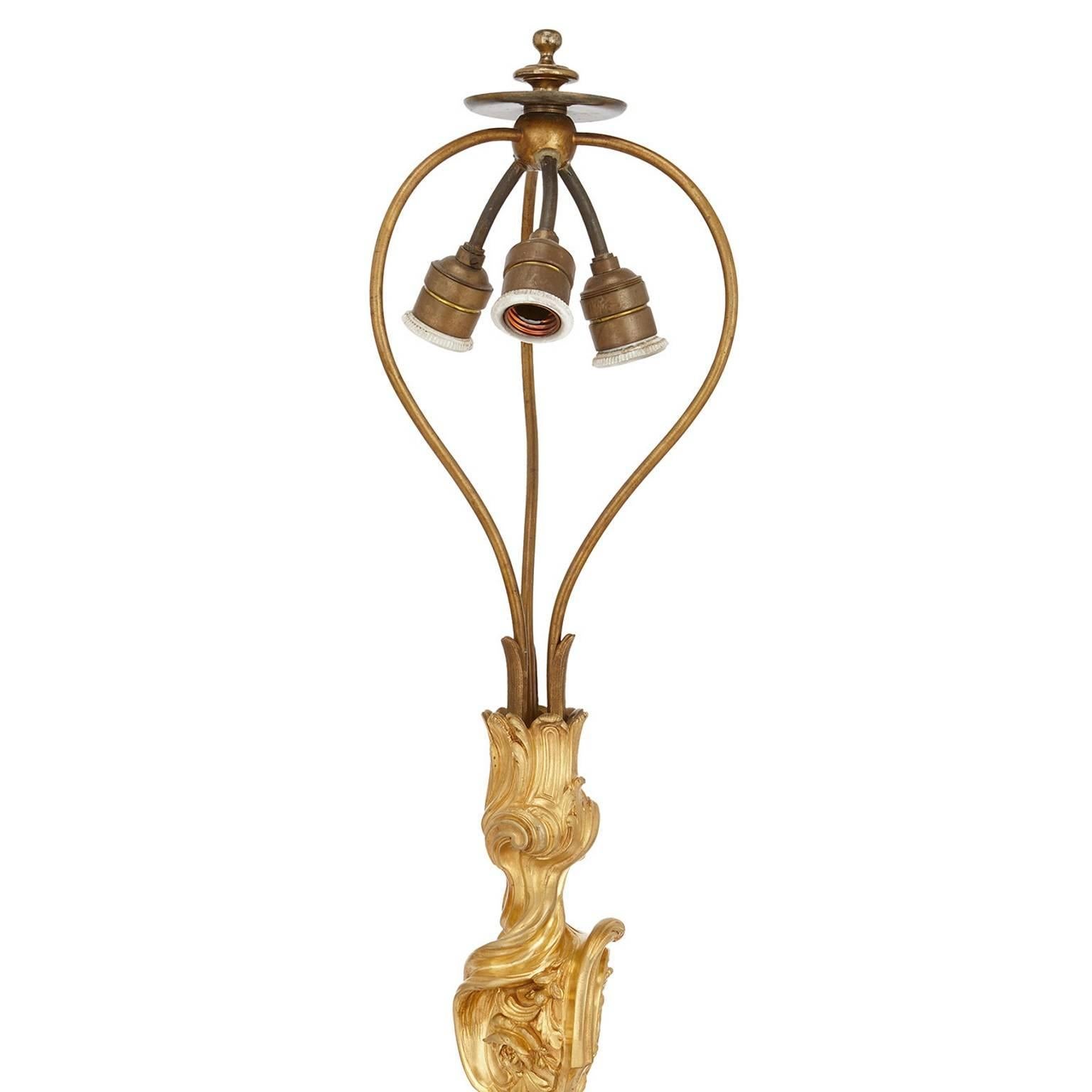 Large Rococo Style Antique Gilt Bronze Table Lamp with Candlestick Form Base In Good Condition In London, GB