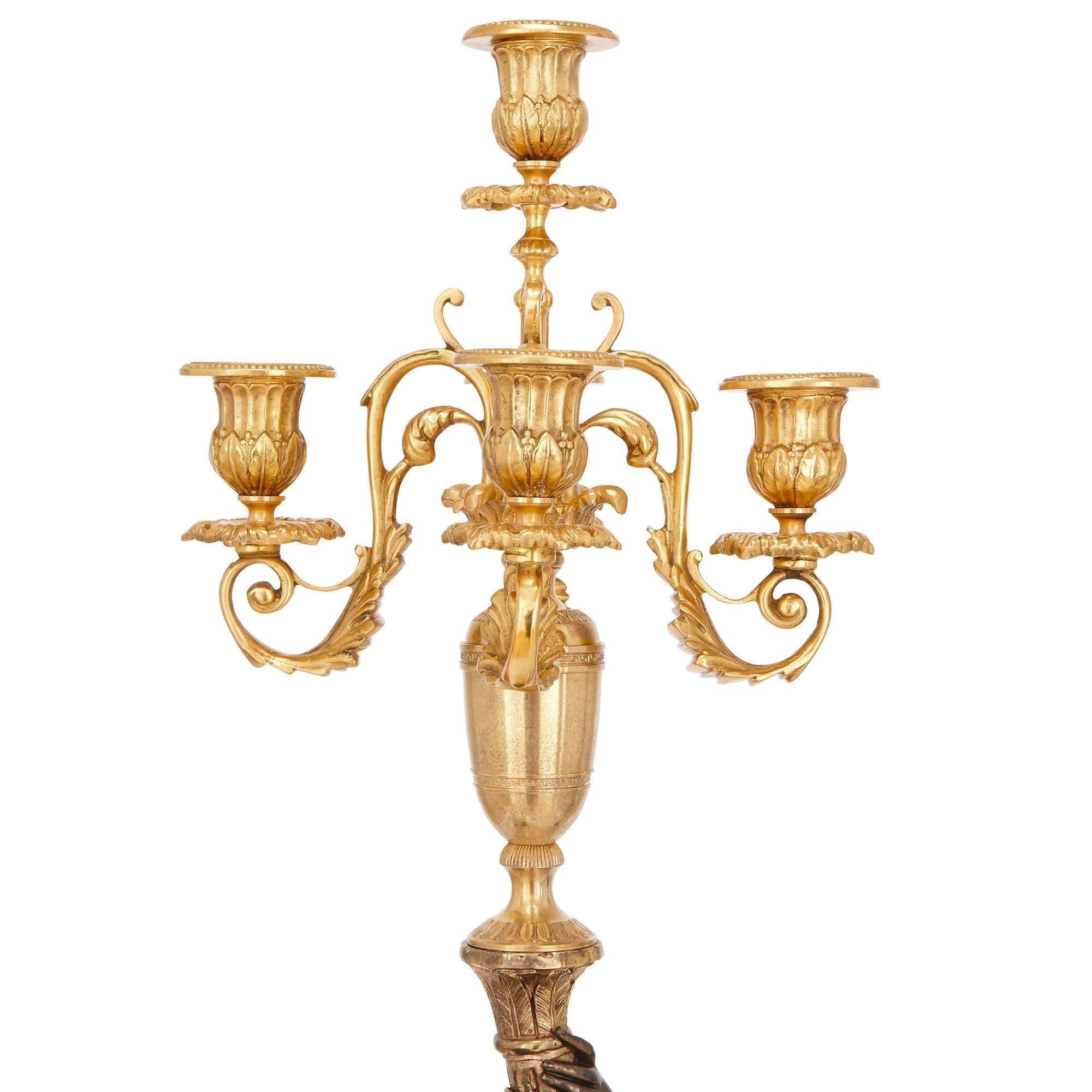 Pair of Large Neoclassical Style Gilt and Patinated Bronze Candelabra by Picard 1