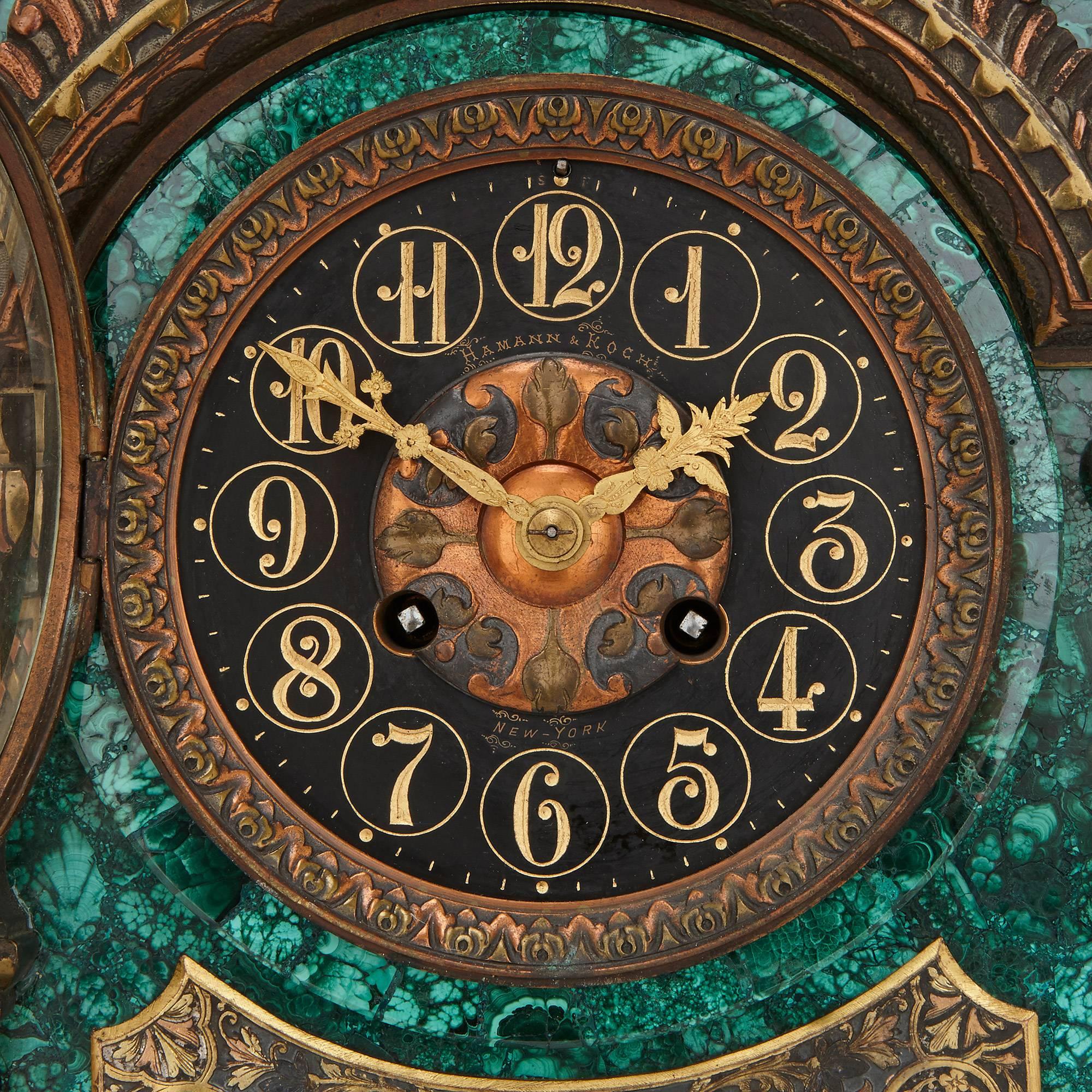 French Gilt Bronze and Malachite Three-Piece Clock Set in the Moorish Revival Style