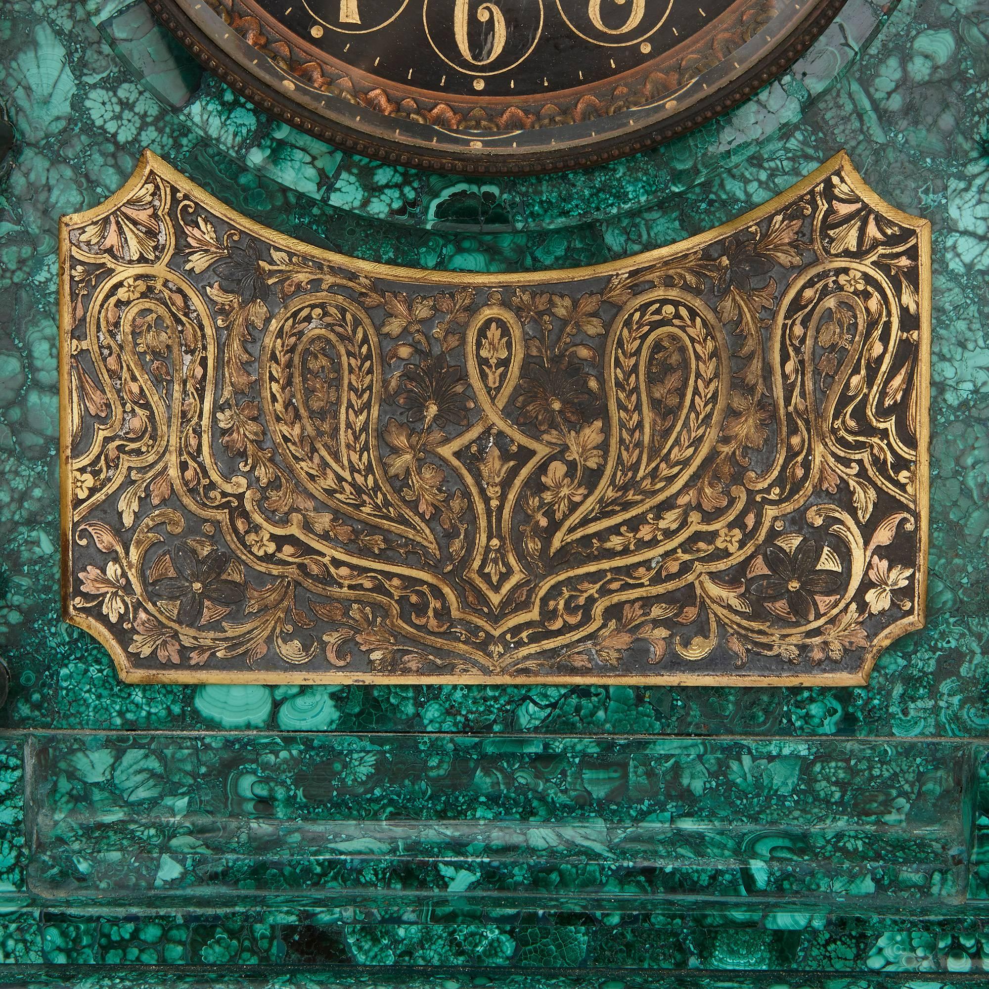 Gilt Bronze and Malachite Three-Piece Clock Set in the Moorish Revival Style In Good Condition In London, GB