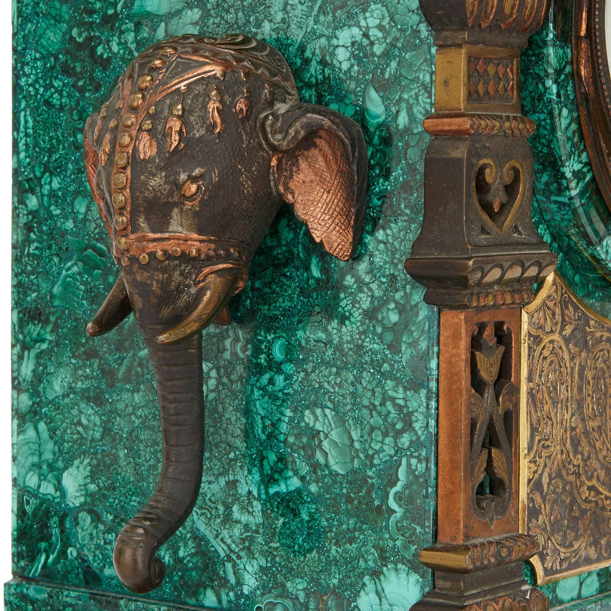 19th Century Gilt Bronze and Malachite Three-Piece Clock Set in the Moorish Revival Style