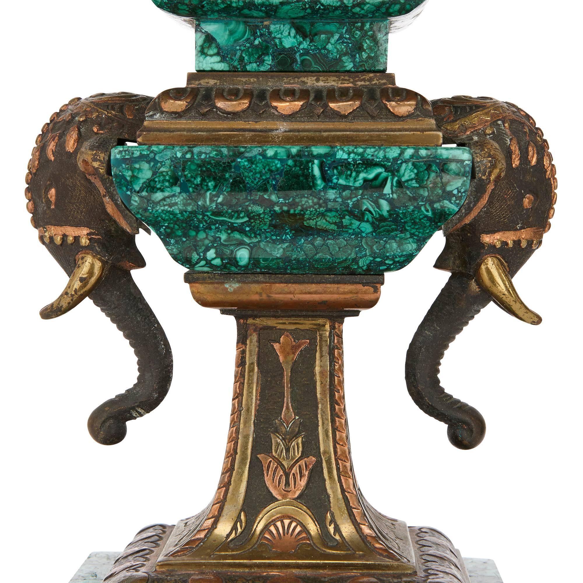 Gilt Bronze and Malachite Three-Piece Clock Set in the Moorish Revival Style 3