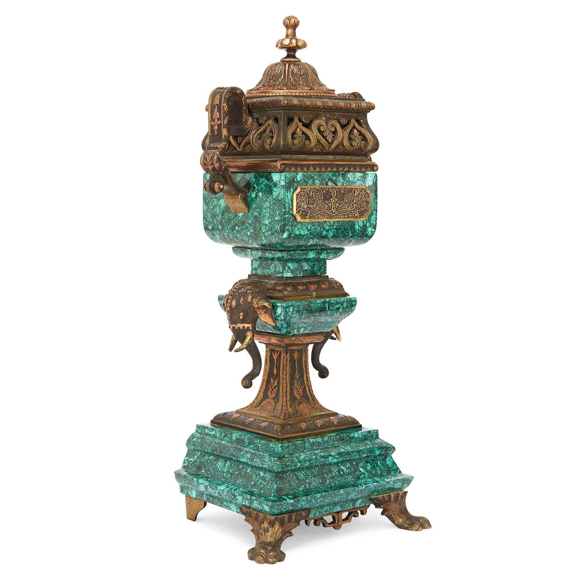 Gilt Bronze and Malachite Three-Piece Clock Set in the Moorish Revival Style 1