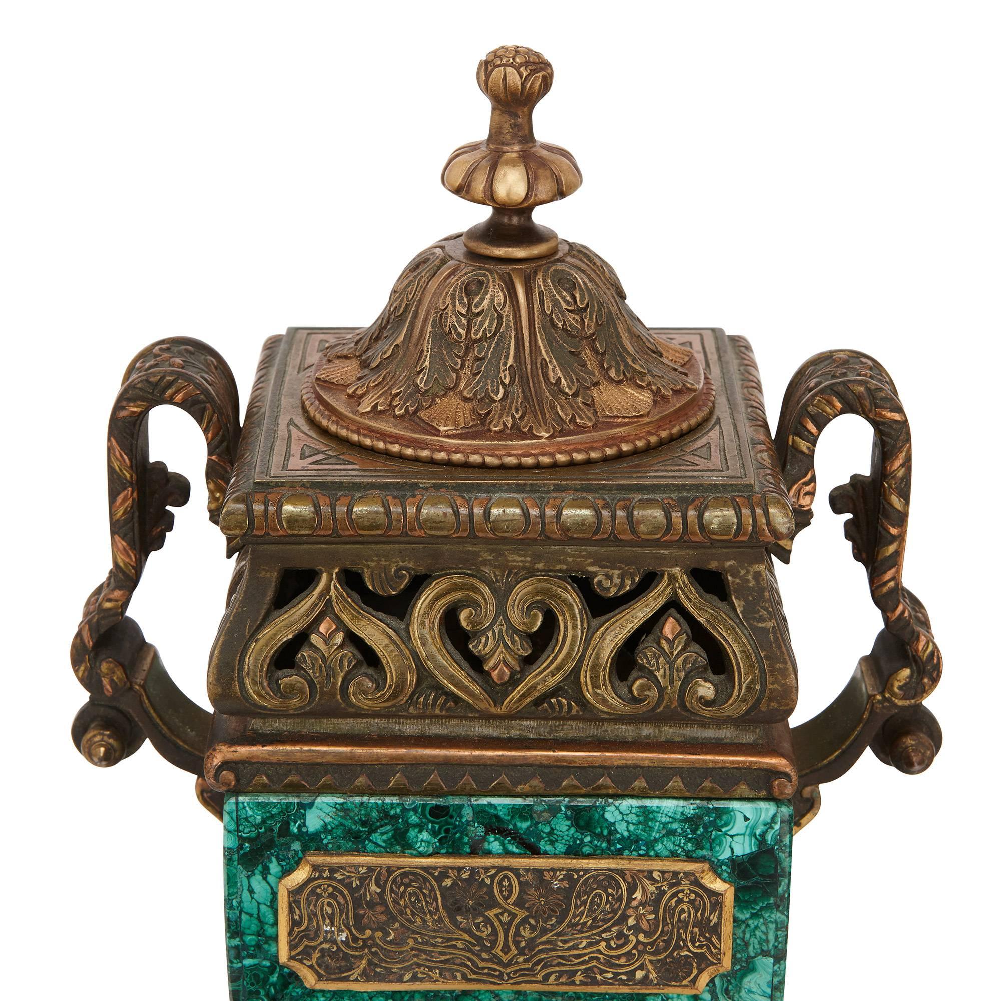Gilt Bronze and Malachite Three-Piece Clock Set in the Moorish Revival Style 2