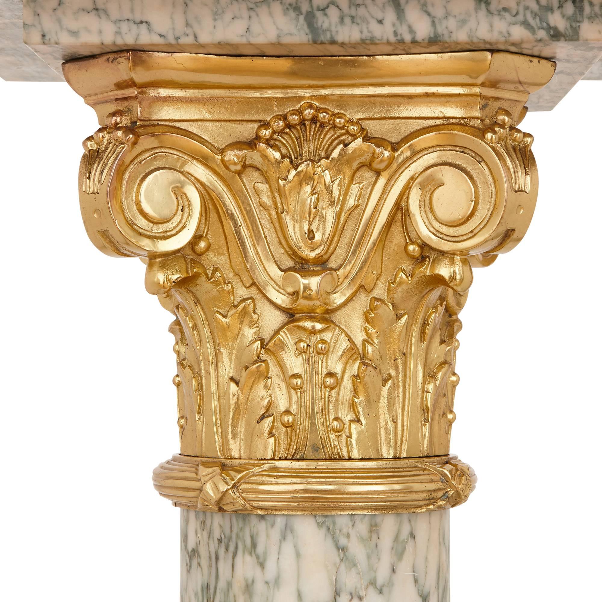 French Pair of Neoclassical Style Green and White Marble and Ormolu-Mounted Pedestals For Sale