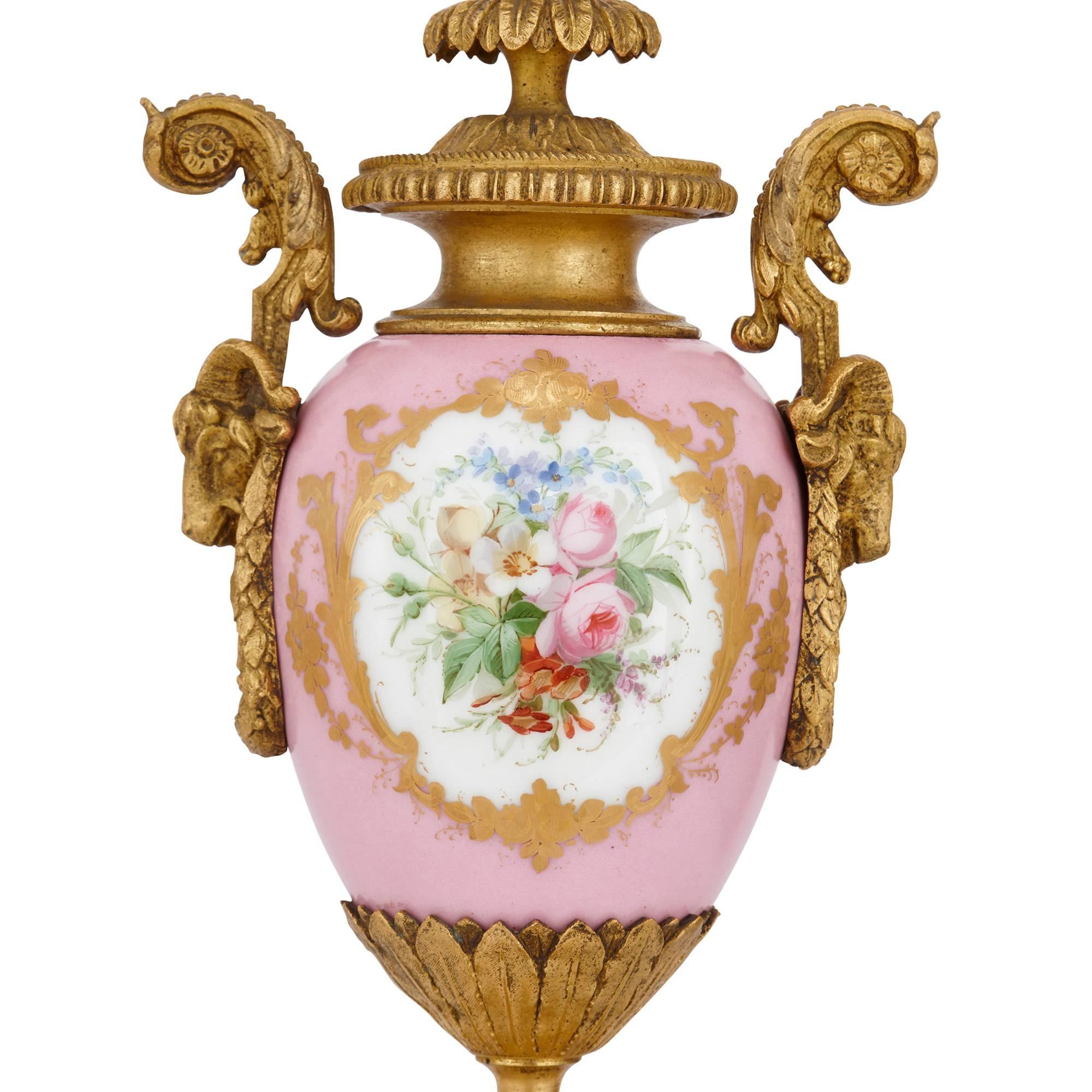 Gilt Bronze and Pink Sevres Style Porcelain Antique Clock Set For Sale 1