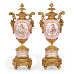 Gilt Bronze and Pink Sevres Style Porcelain Antique Clock Set