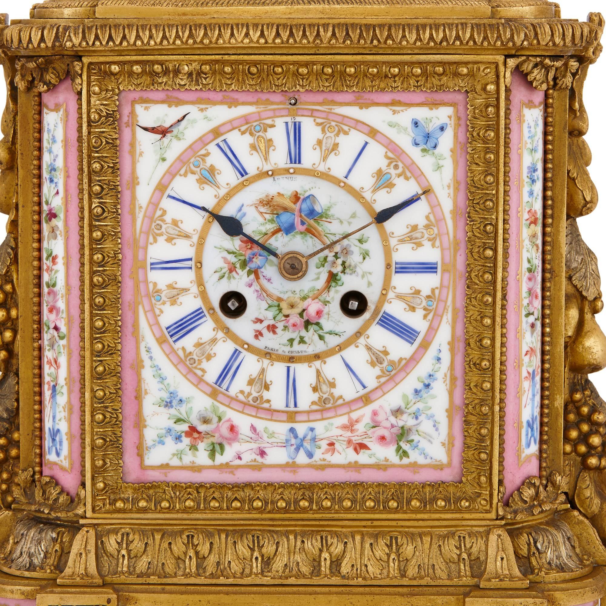 Gilt Bronze and Pink Sevres Style Porcelain Antique Clock Set In Good Condition For Sale In London, GB
