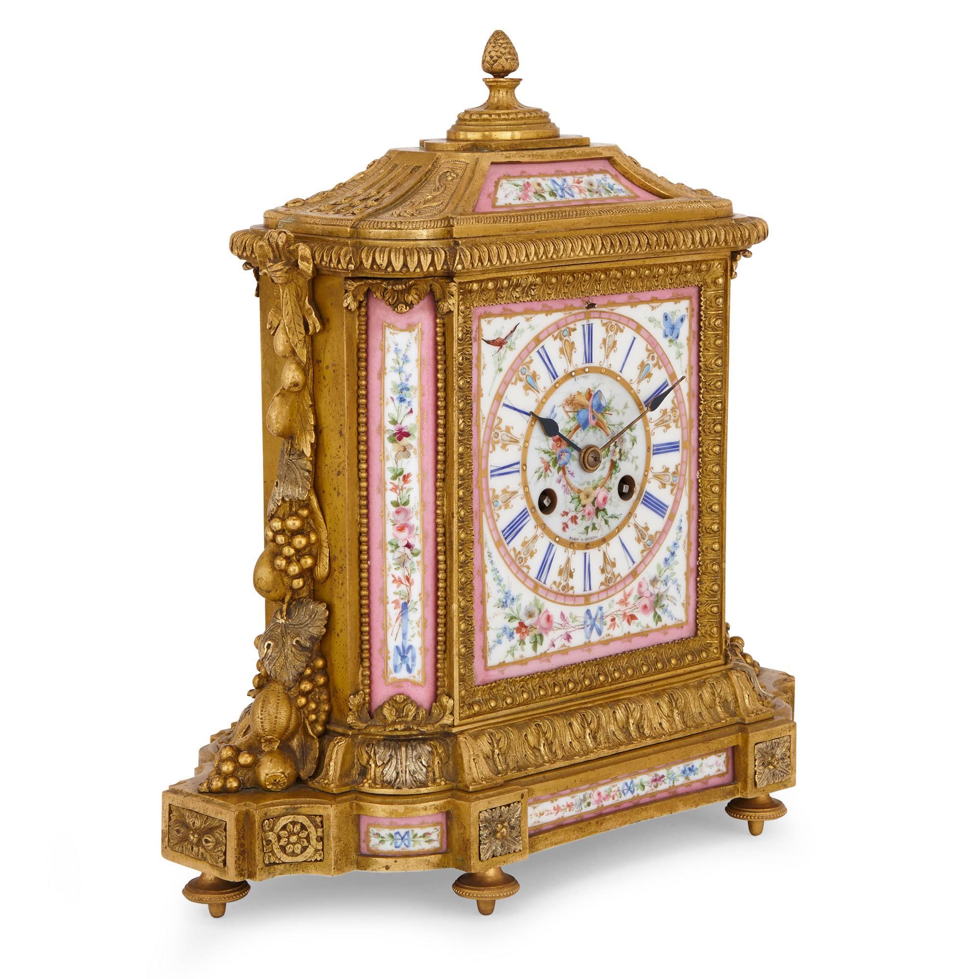 19th Century Gilt Bronze and Pink Sevres Style Porcelain Antique Clock Set For Sale