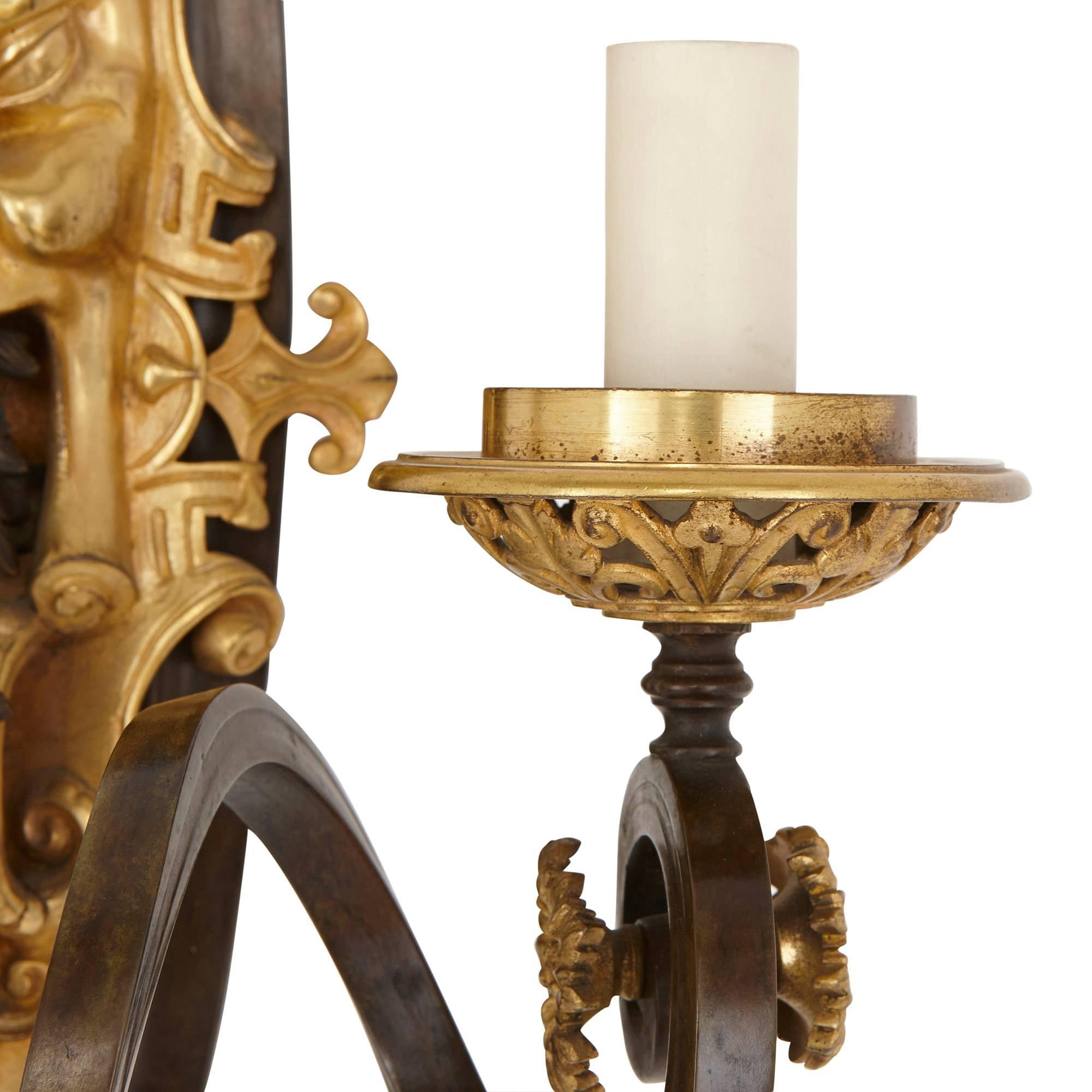 Gilt Set of Four Ormolu and Patinated Bronze Antique Wall Lights For Sale