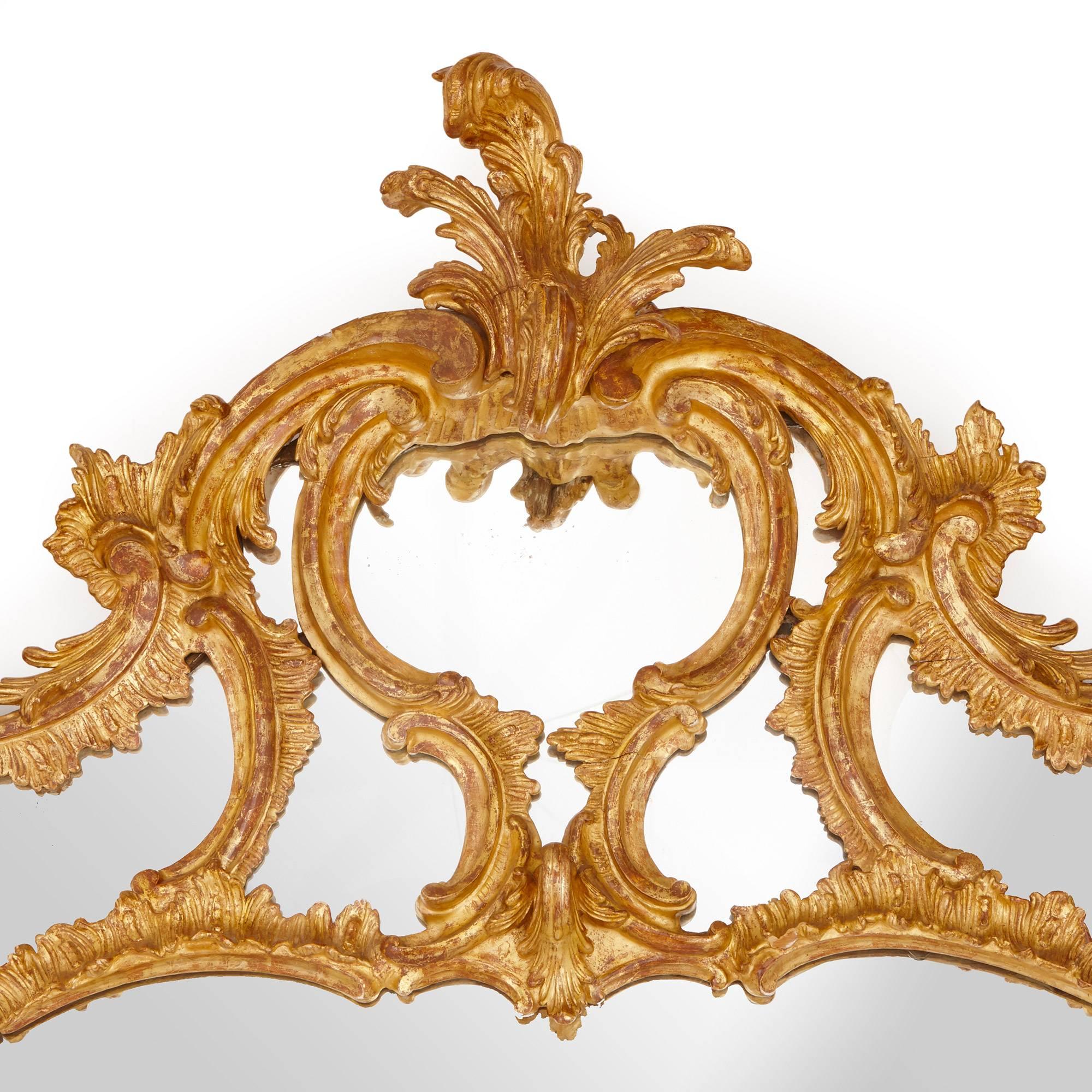 Carved Pair of Large English Antique Giltwood Wall Mirrors in the Rococo Style