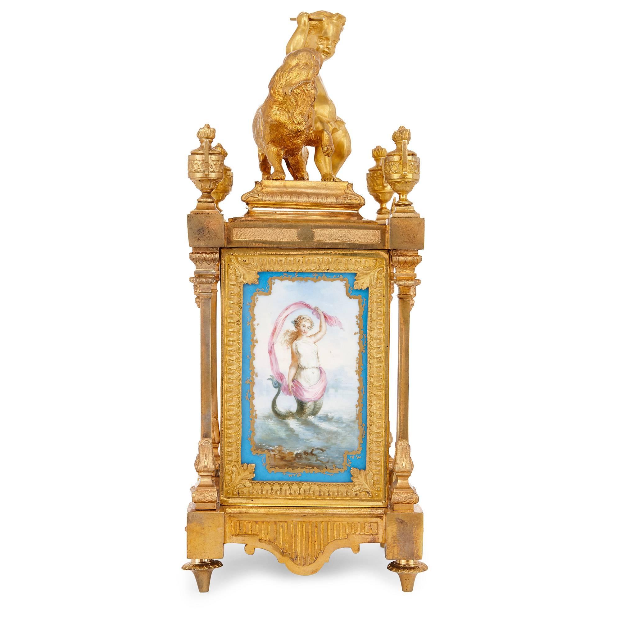 Neoclassical Mantel Clock in Ormolu and Sevres Style Porcelain by Ernest Royer In Good Condition For Sale In London, GB