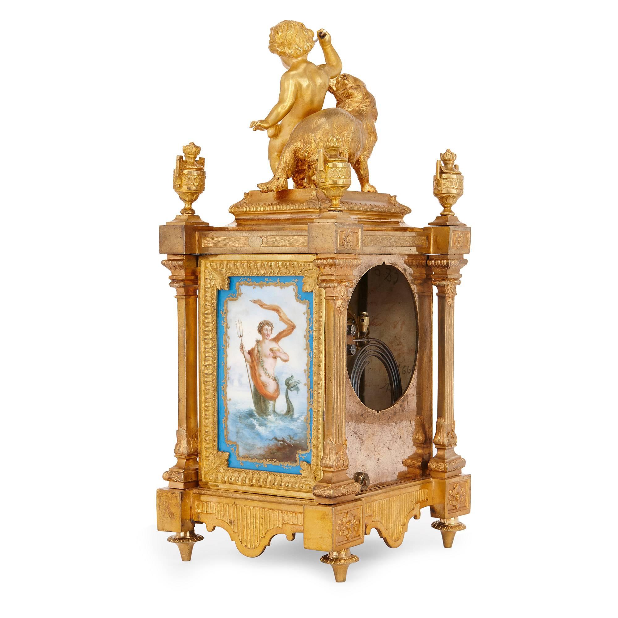 19th Century Neoclassical Mantel Clock in Ormolu and Sevres Style Porcelain by Ernest Royer For Sale