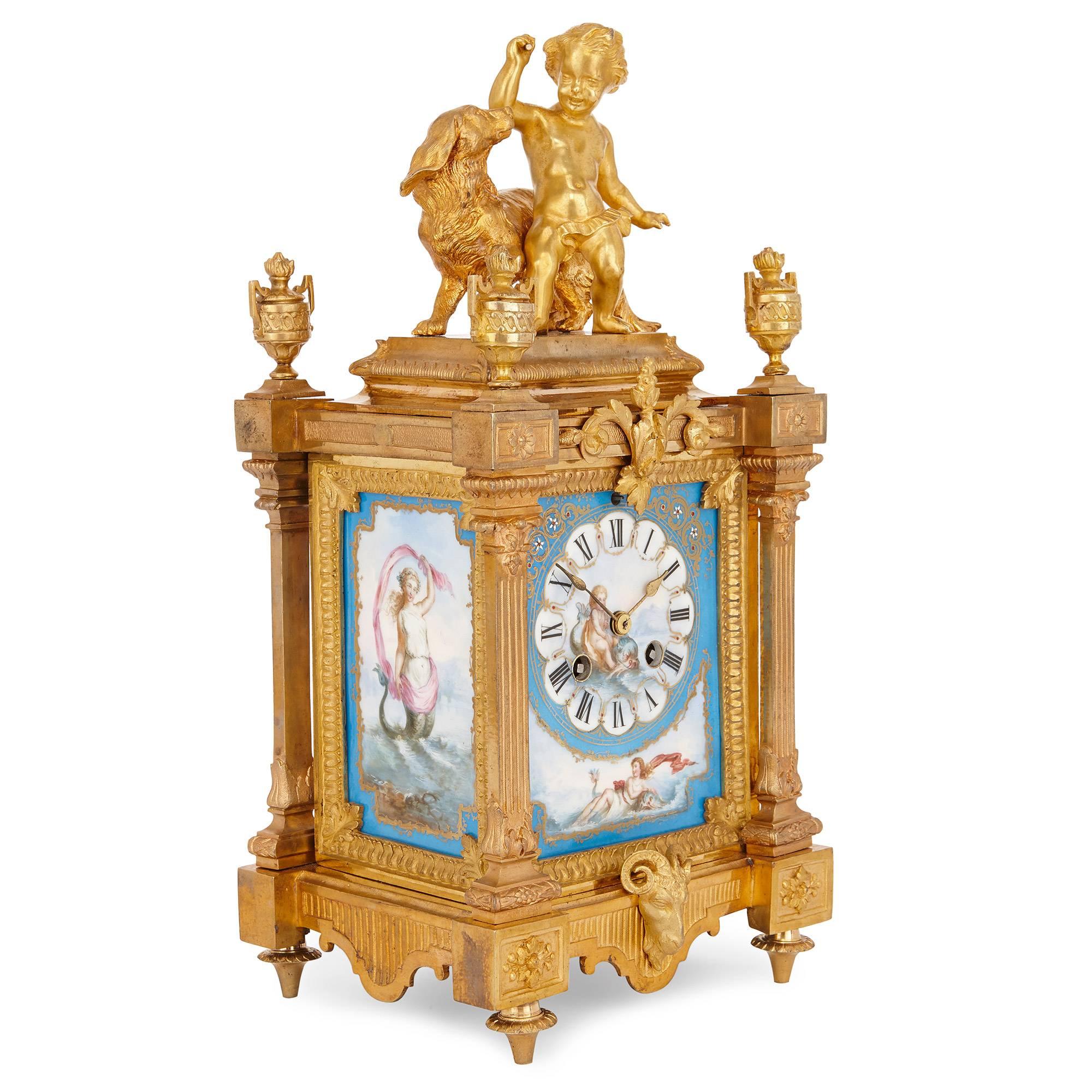 This splendid neoclassical style French mantel clock is beautifully crafted in ormolu and porcelain decorated in the Sevres style. 'ER', the mark of French clockmaker Ernest Royer, active in the later 19th Century, is stamped on the underside of the