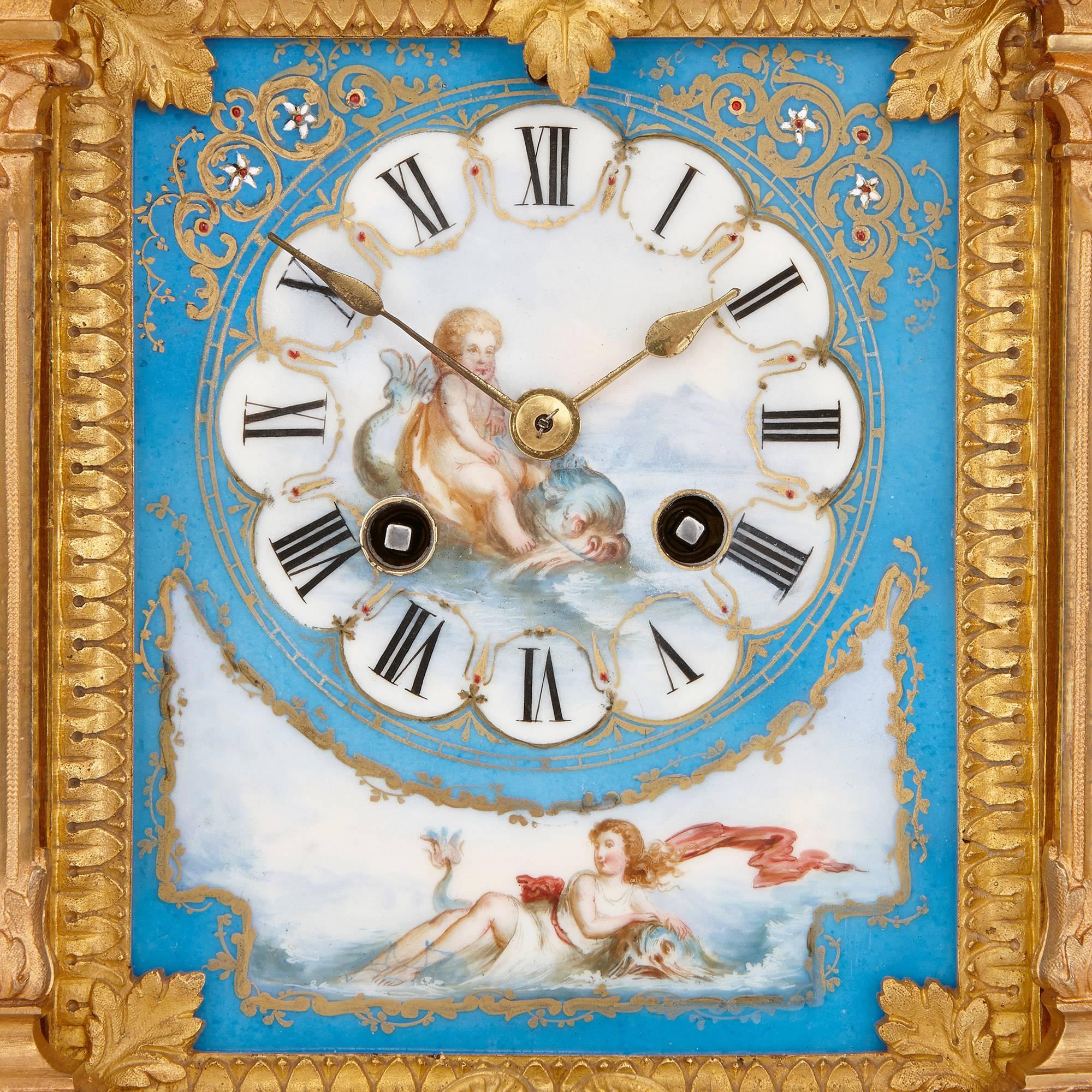 French Neoclassical Mantel Clock in Ormolu and Sevres Style Porcelain by Ernest Royer For Sale