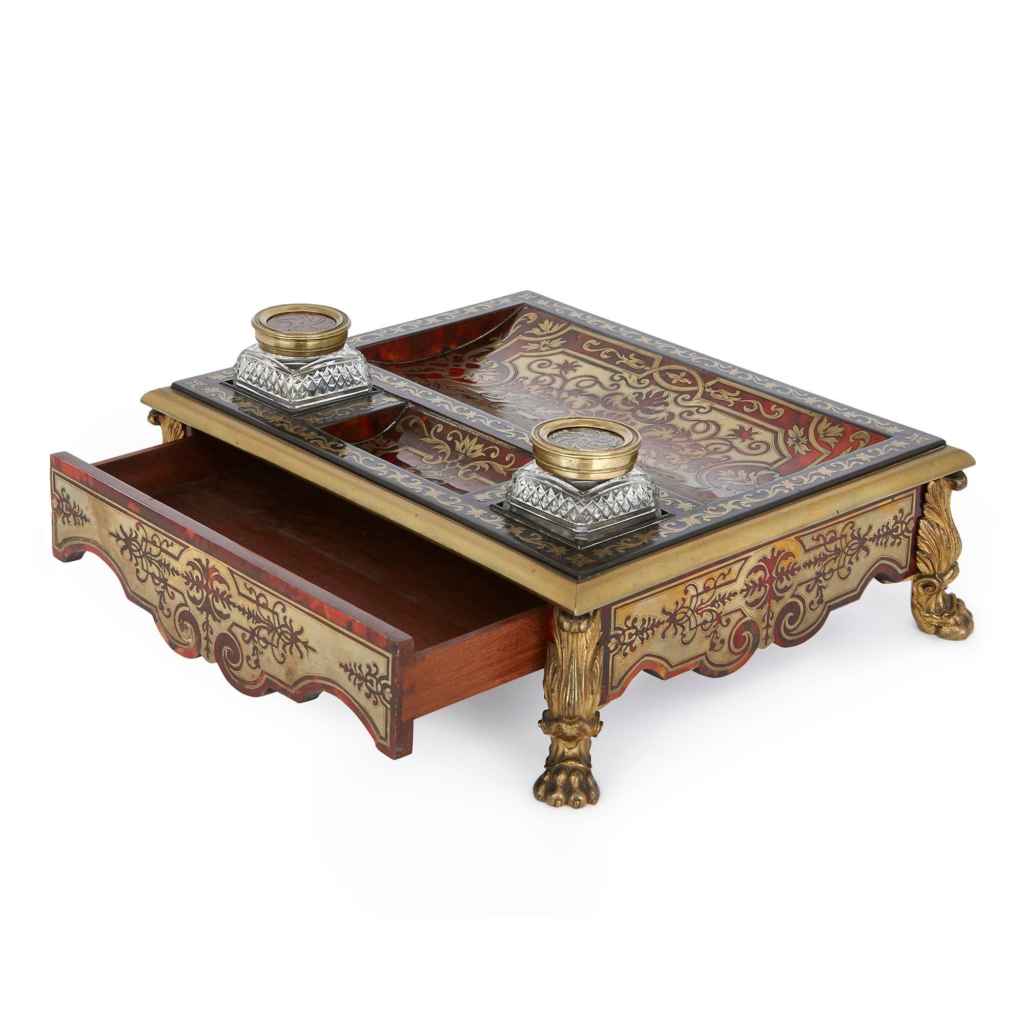 Cut Glass Gilt Bronze and Ebonised Wood Boulle Marquetry Antique Inkstand
