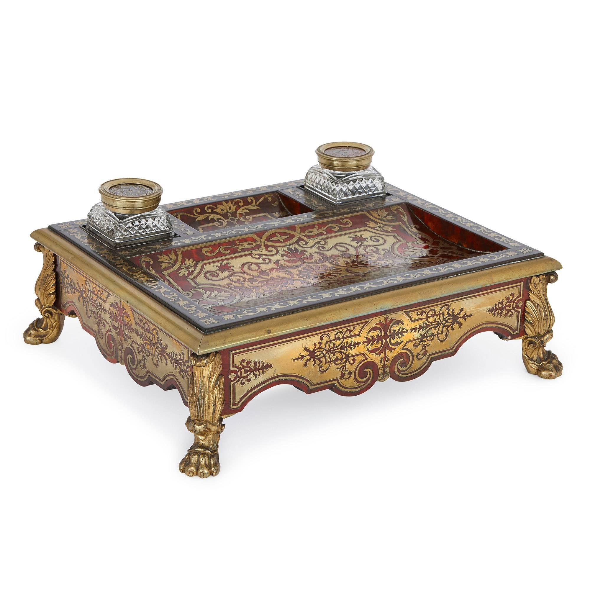 19th Century Gilt Bronze and Ebonised Wood Boulle Marquetry Antique Inkstand