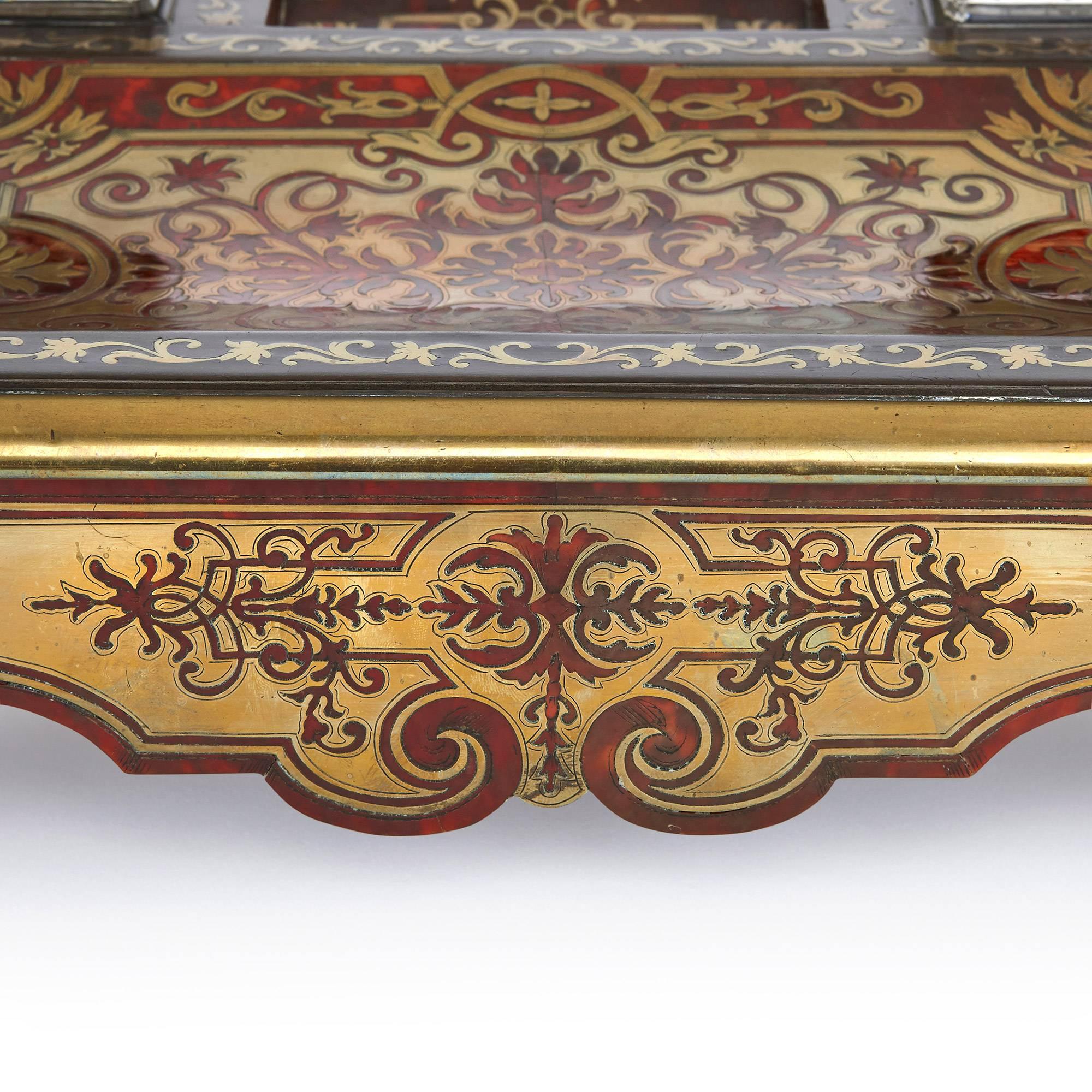 English Gilt Bronze and Ebonised Wood Boulle Marquetry Antique Inkstand
