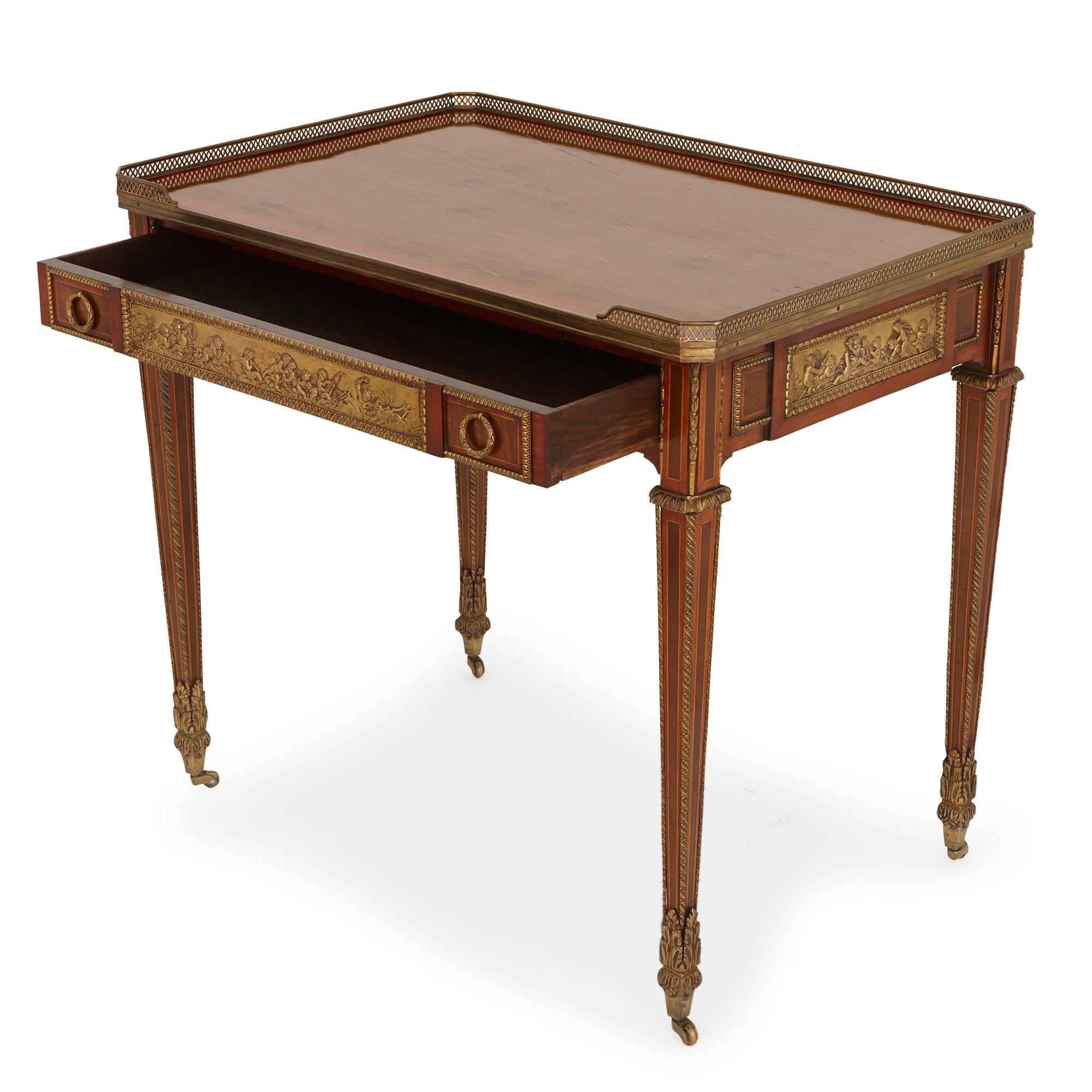 Louis XVI French Antique Ormolu Mounted Parquetry Writing Table, after Riesener
