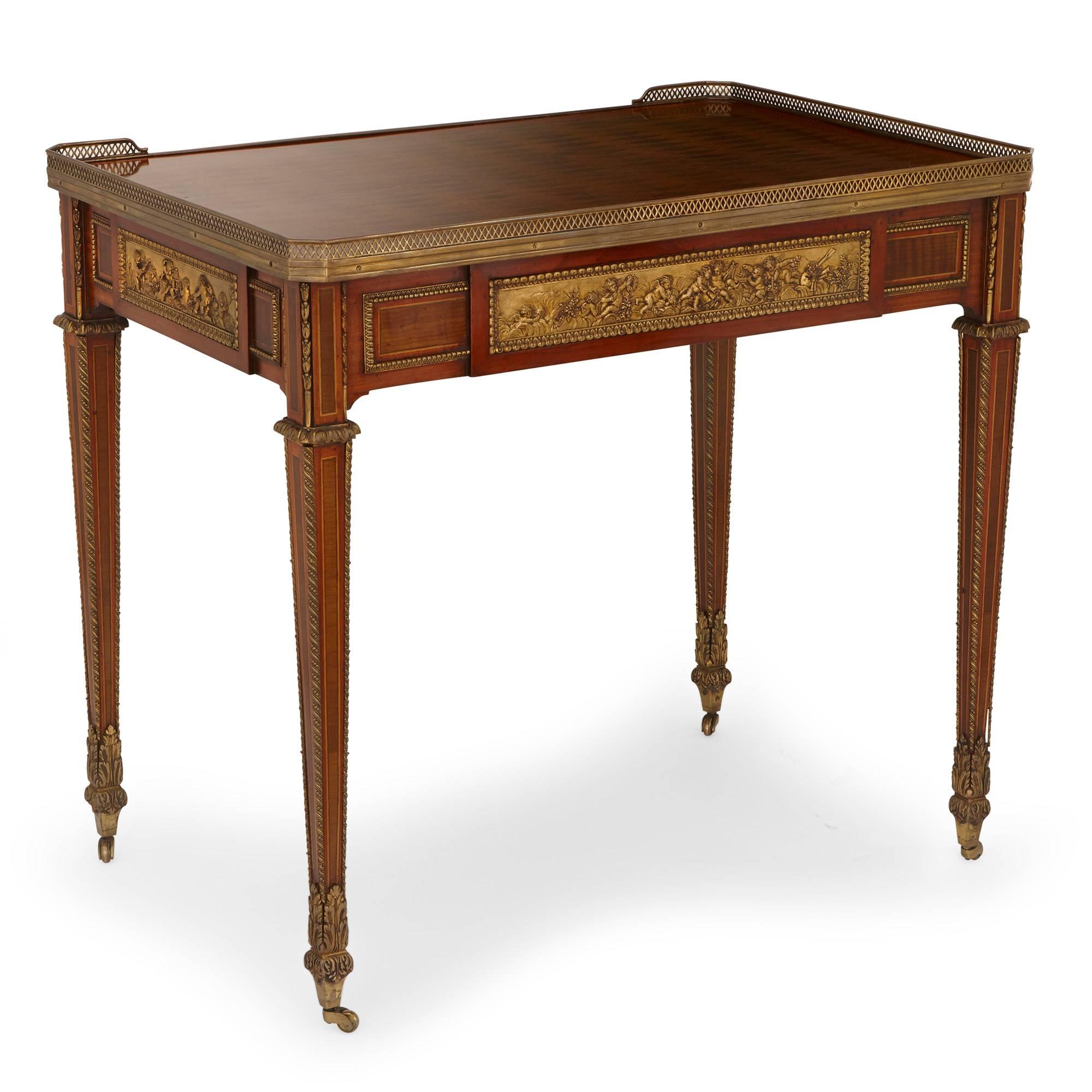 Wood French Antique Ormolu Mounted Parquetry Writing Table, after Riesener
