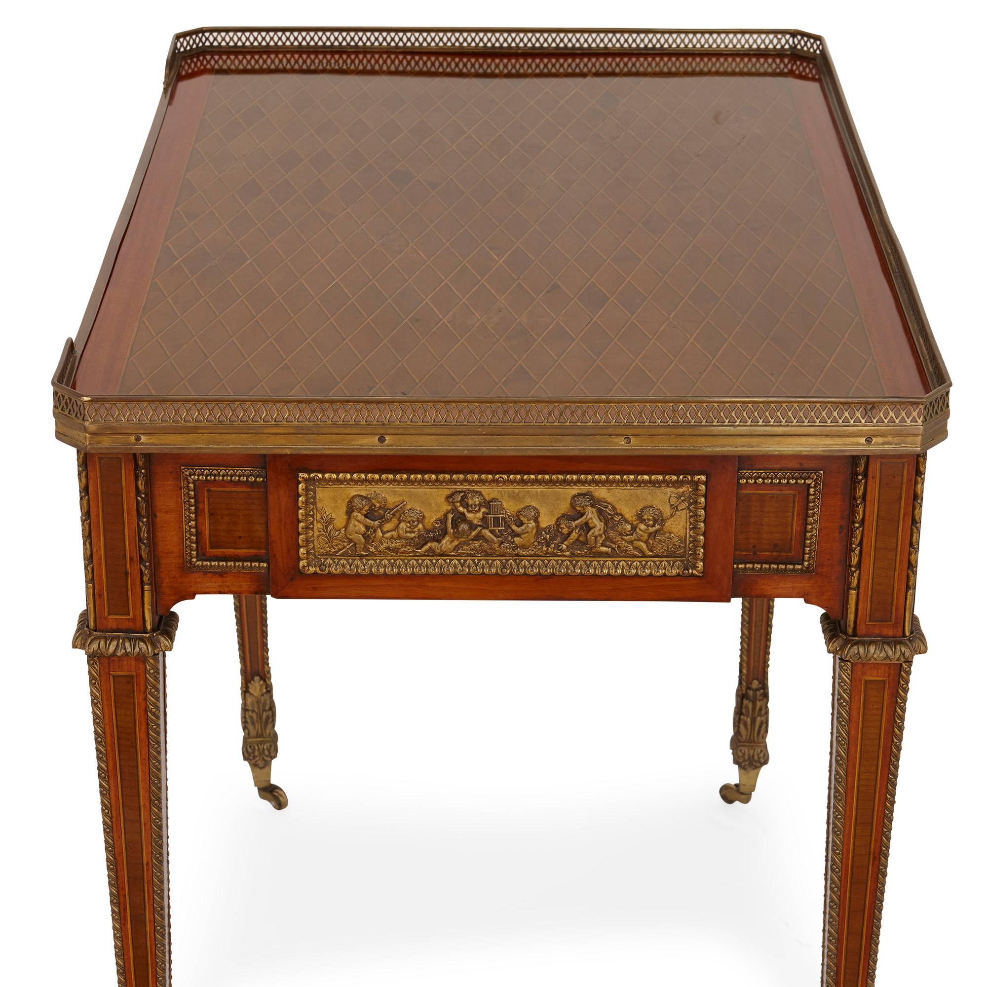 19th Century French Antique Ormolu Mounted Parquetry Writing Table, after Riesener