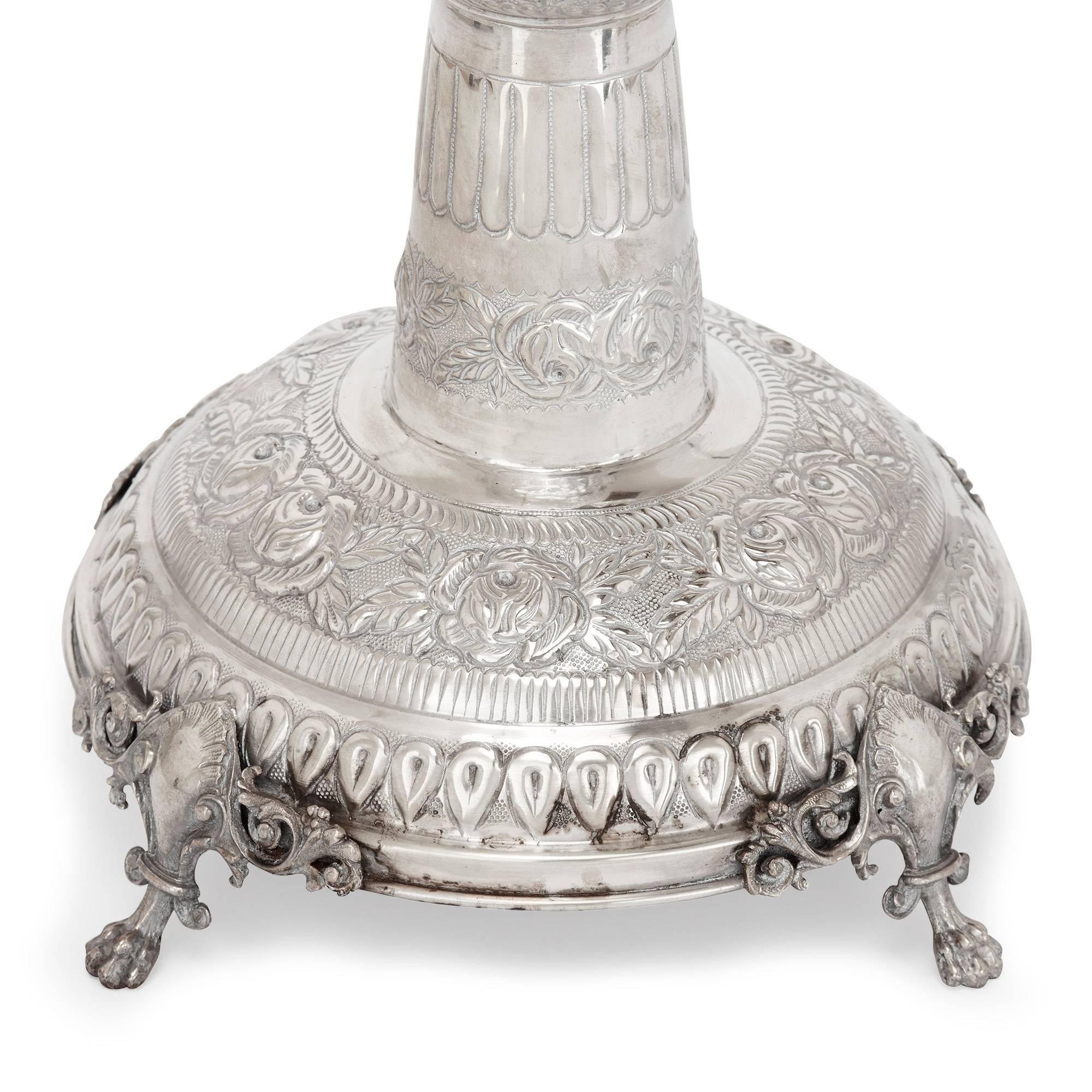 20th Century Antique Judaica Hannukah Menorah in Repousse Silver For Sale