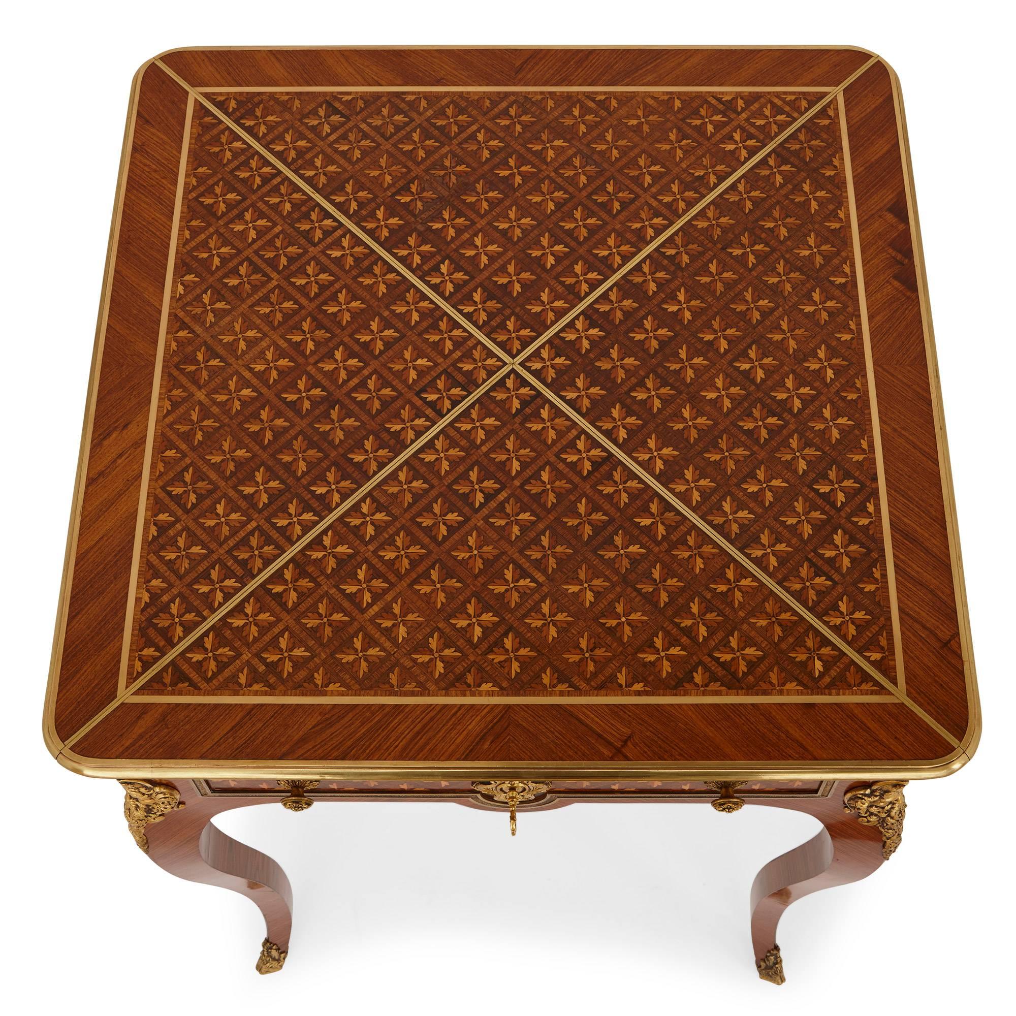 Gilt French Antique Ormolu-Mounted Rococo Parquetry Folding Card Table