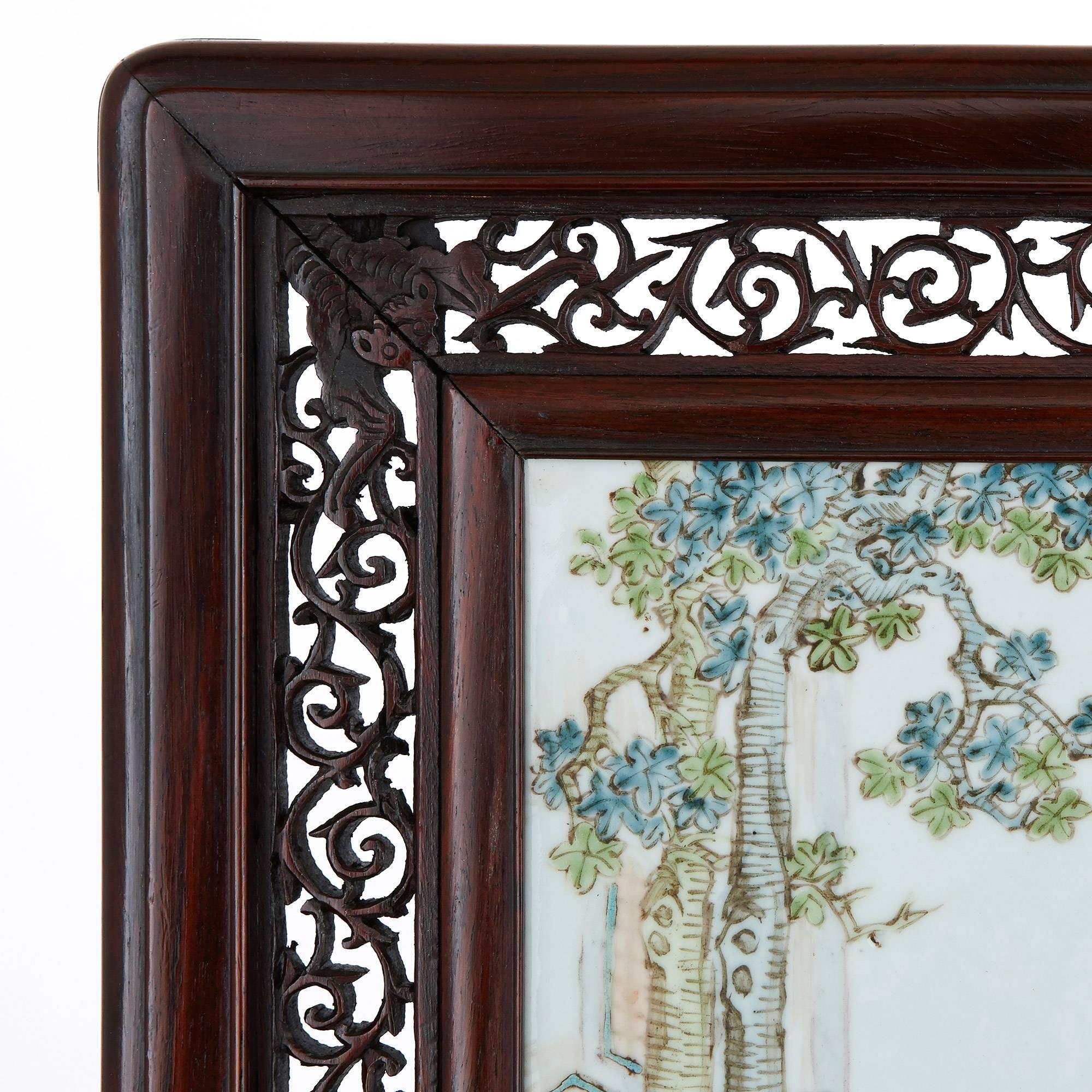 Chinese Export Antique Chinese Rosewood Screen with Painted Porcelain Plaque