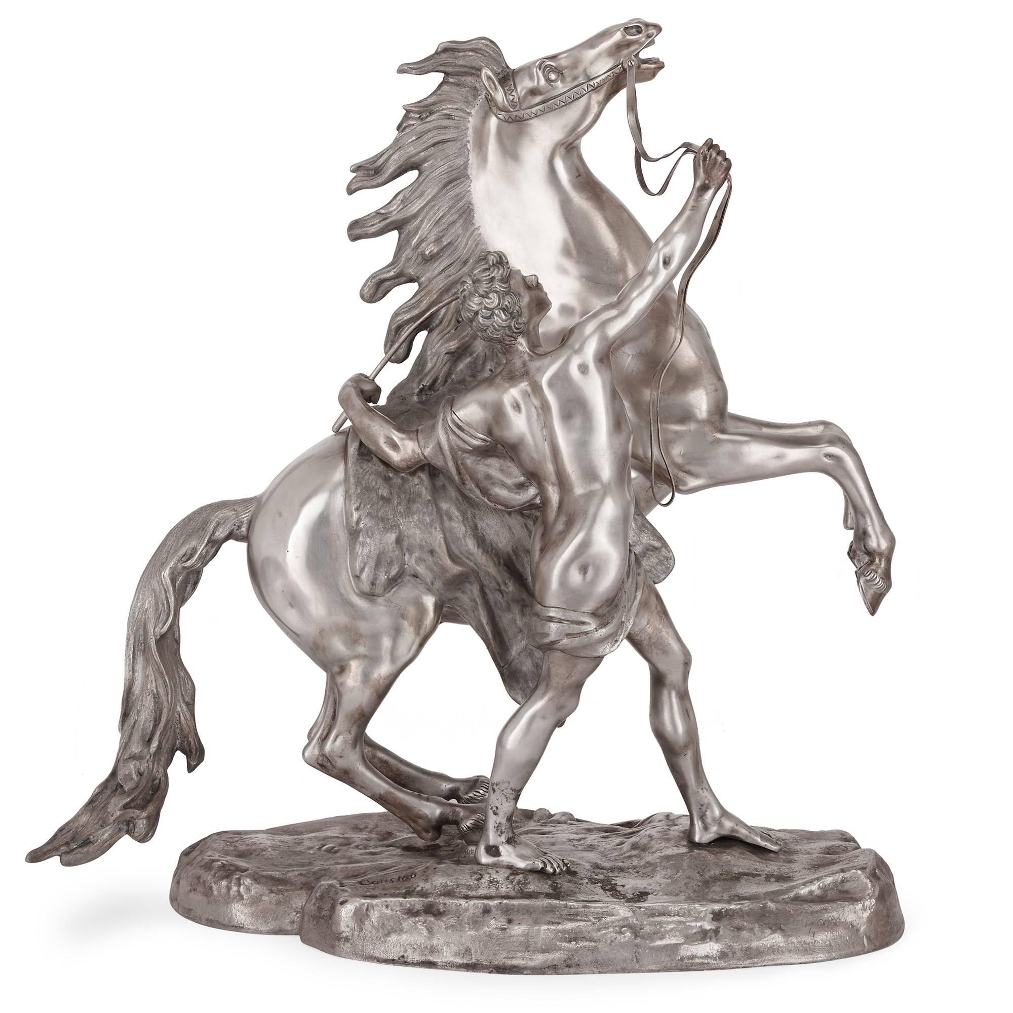 Versilberte Bronzemodelle der Marly-Pferde nach Guillaume Coustou, Paar (Französisch) im Angebot