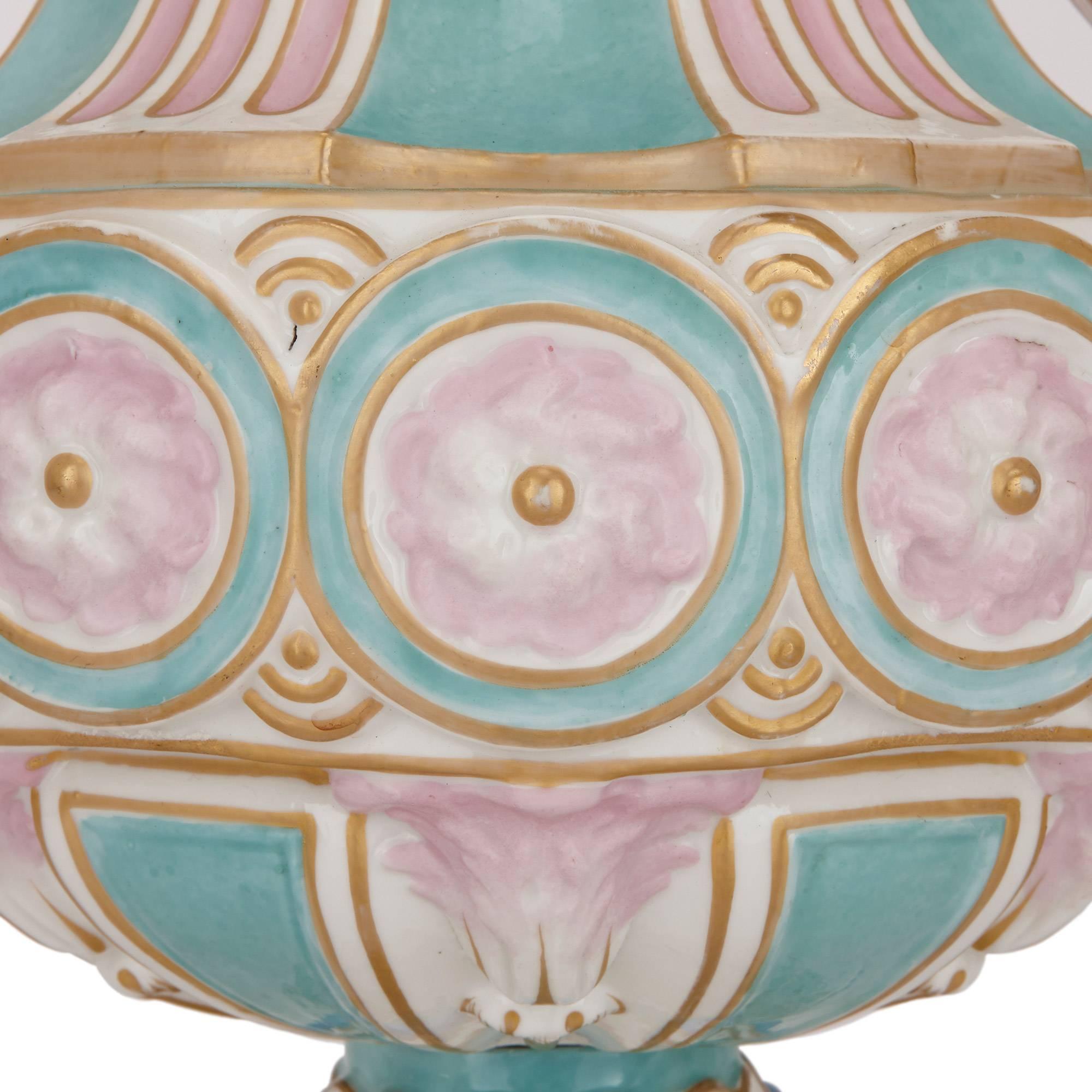 German Pair of 19th Century Turquoise and Pink Porcelain Vases