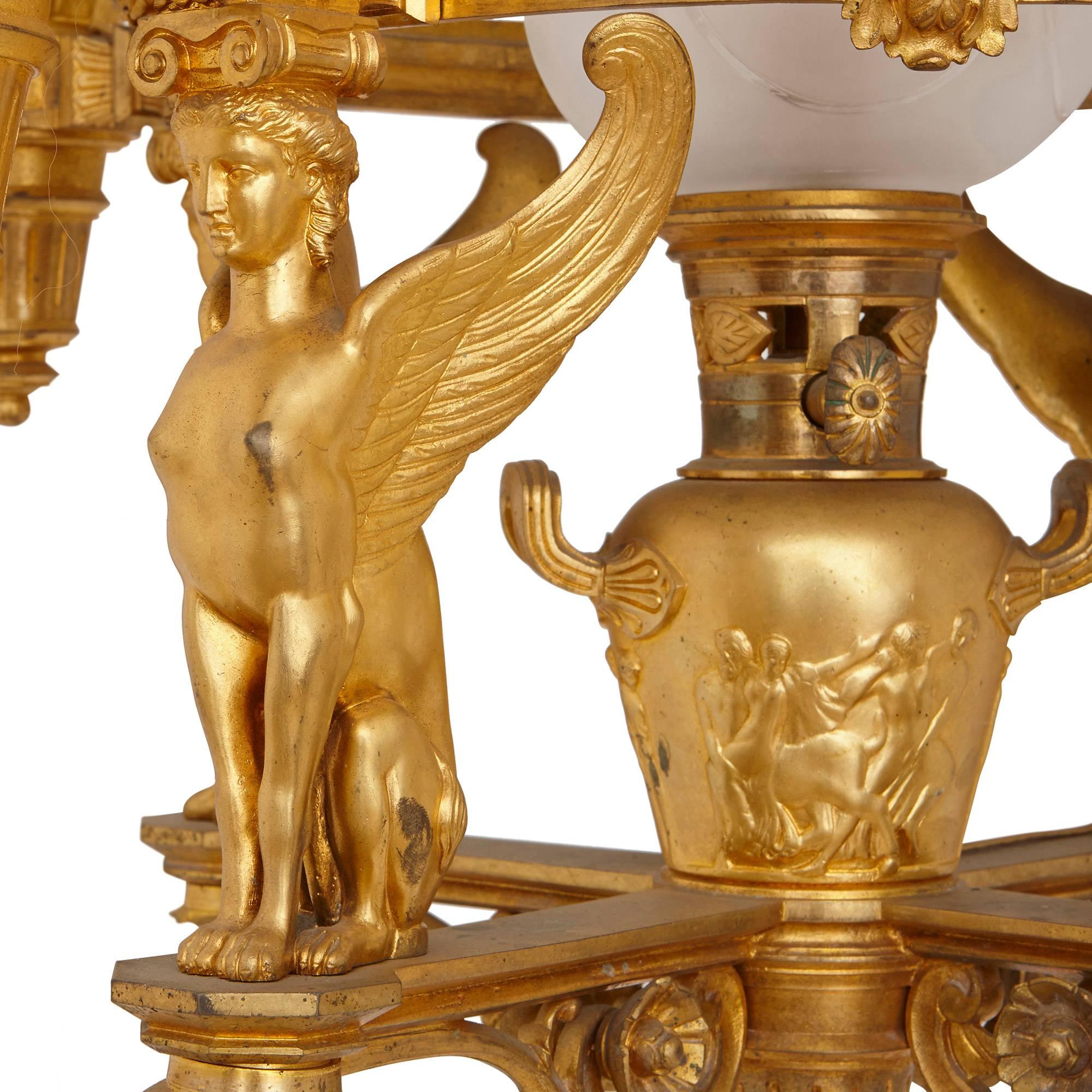 Verre Lustre en bronze doré de style Empire français du XIXe siècle en vente