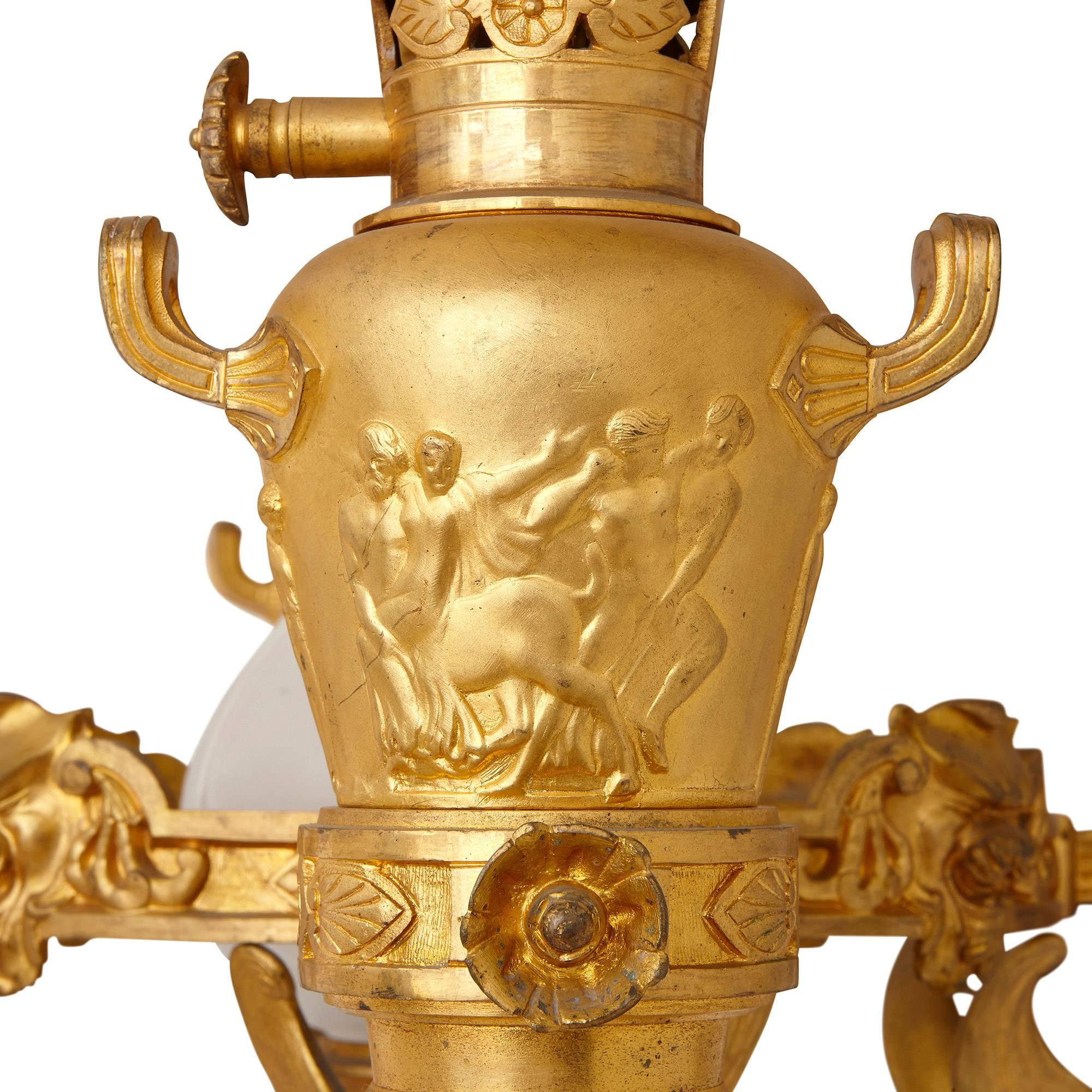 Frosted 19th Century French Empire Style Gilt Bronze Chandelier For Sale