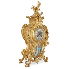 French Antique Gilt Bronze and Champleve Enamel Rococo Style Clock Set