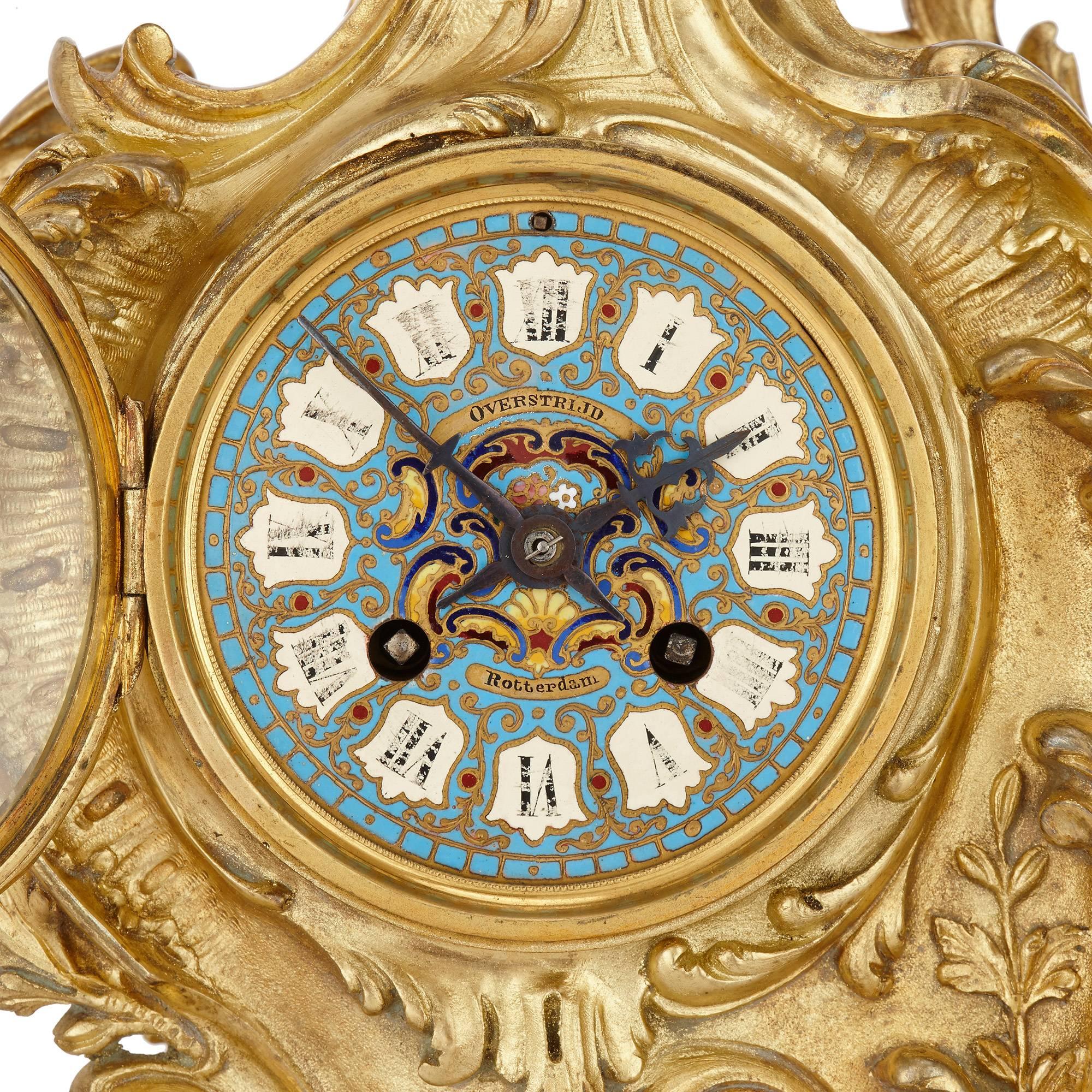 Champlevé French Antique Gilt Bronze and Champleve Enamel Rococo Style Clock Set