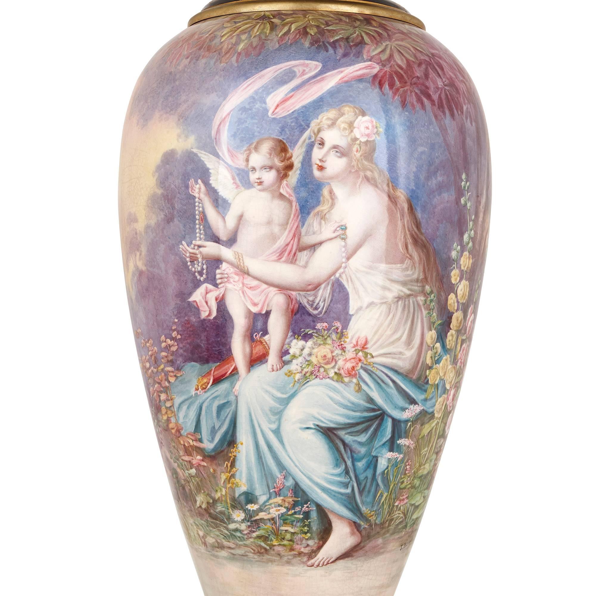 This exceptional large antique vase is decorated in the Sèvres style by French artist J. Pascault. The ovoid body of the vase depicts a painted scene of a lady and a winged child holding pearl necklaces and flowers in a landscape to the front, and