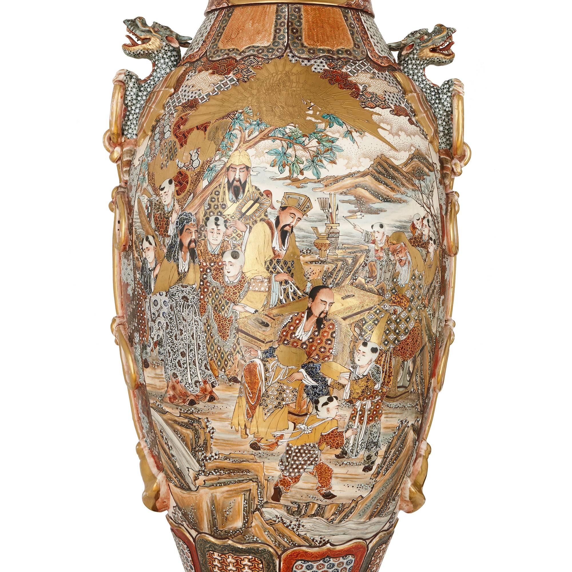 Ebonized Pair of Satsuma Porcelain Japanese Vases, Meiji Period