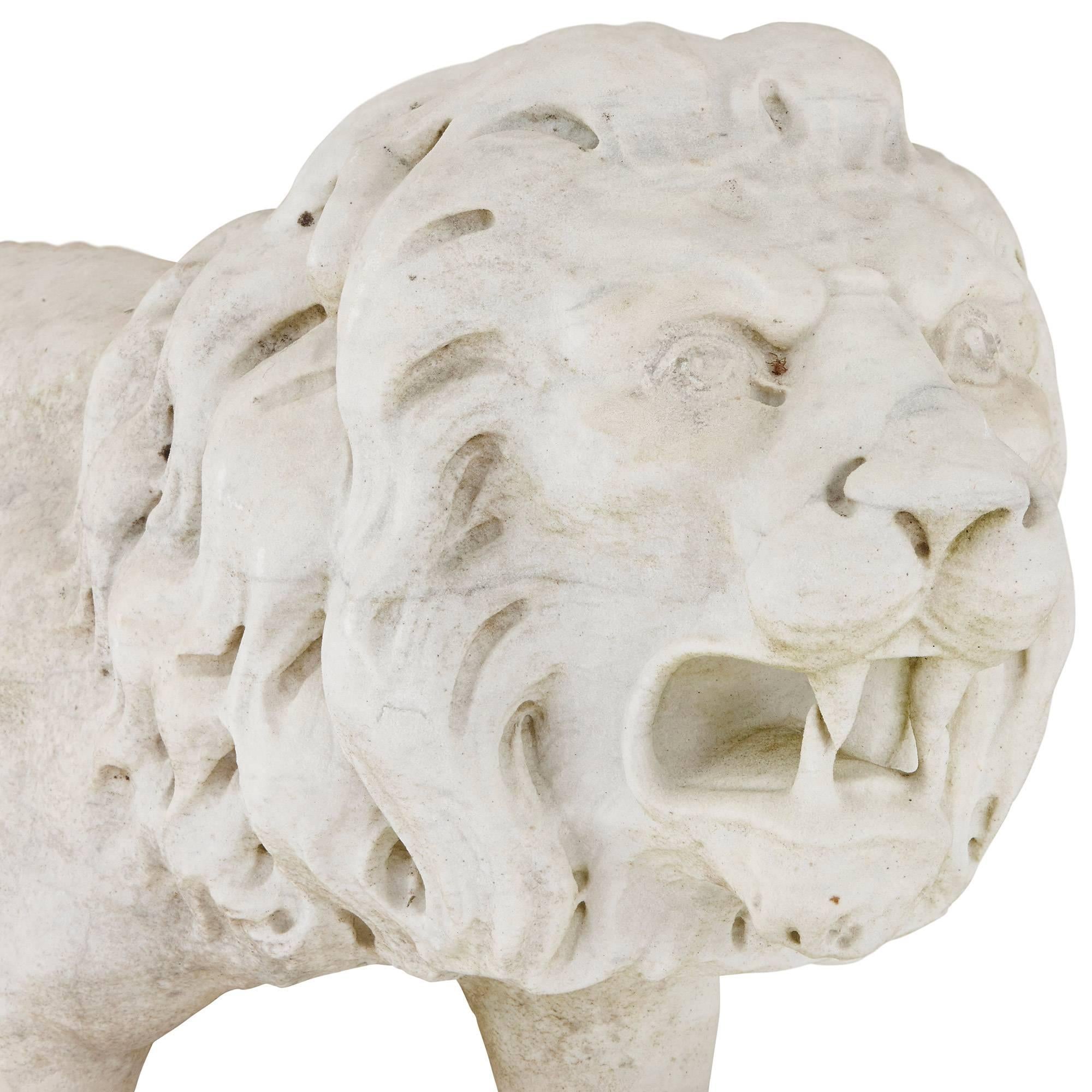 19th Century Antique Pair of Italian Marble Lion Sculptures in the Neoclassical Style