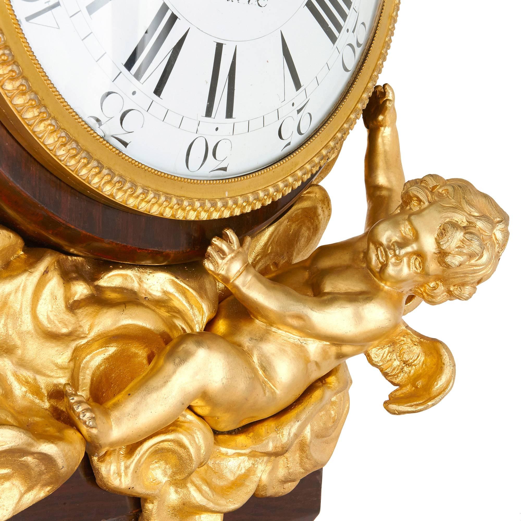 Mahogany and Gilt Bronze Rococo Pedestal Clock, after Riesener In Good Condition For Sale In London, GB