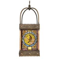 Stained Glass and Gilt Metal Antique Hanging Lantern