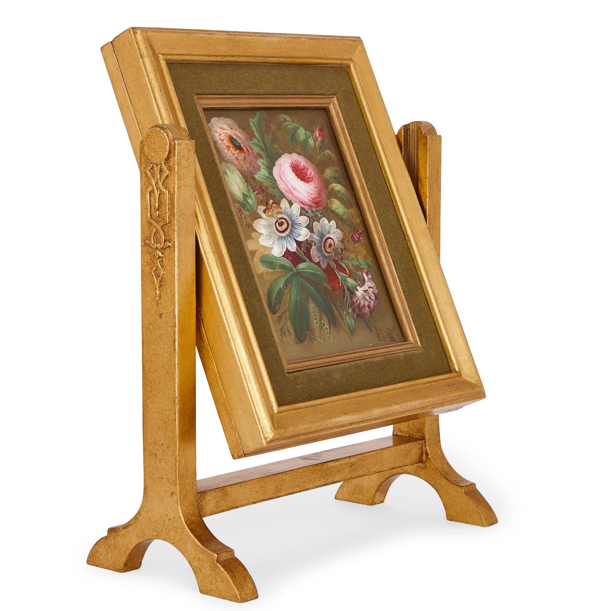 English Two Sided Still Life Porcelain Plaque with Giltwood Frame In Excellent Condition For Sale In London, GB