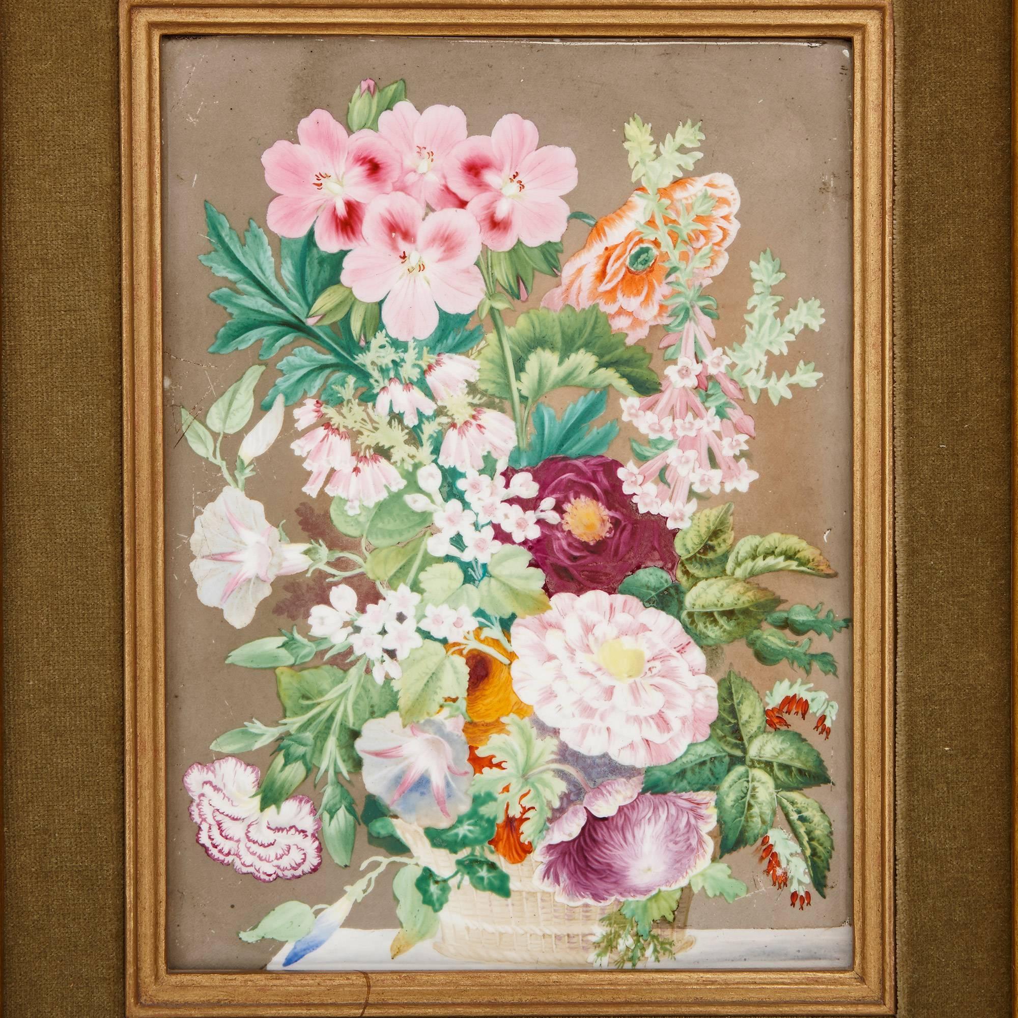 English Two Sided Still Life Porcelain Plaque with Giltwood Frame For Sale 1
