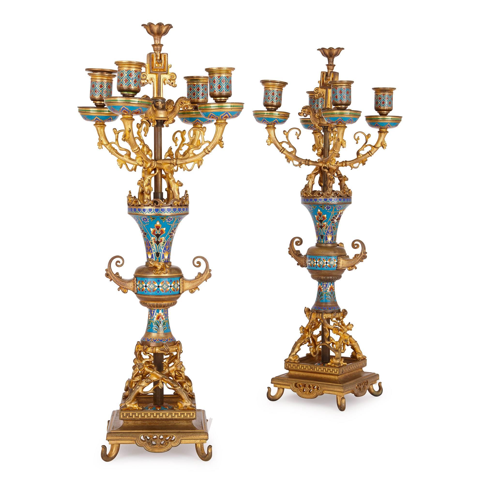 Antique French Clock Set in Champleve Enamel and Ormolu For Sale 1