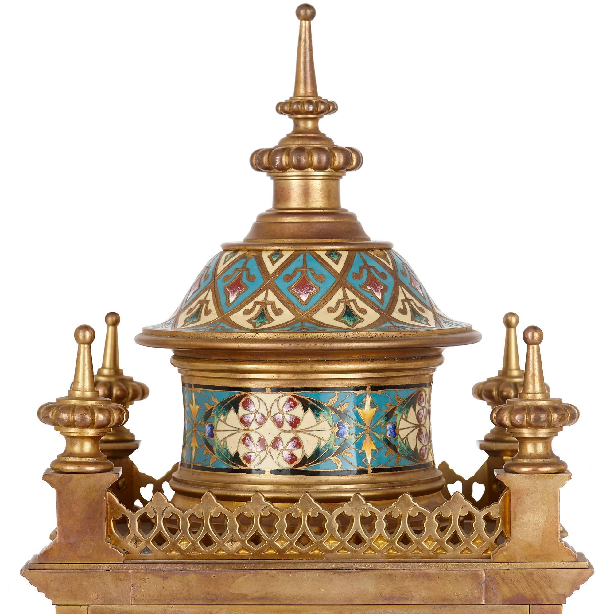 Antique French Clock Set in Champleve Enamel and Ormolu In Excellent Condition For Sale In London, GB