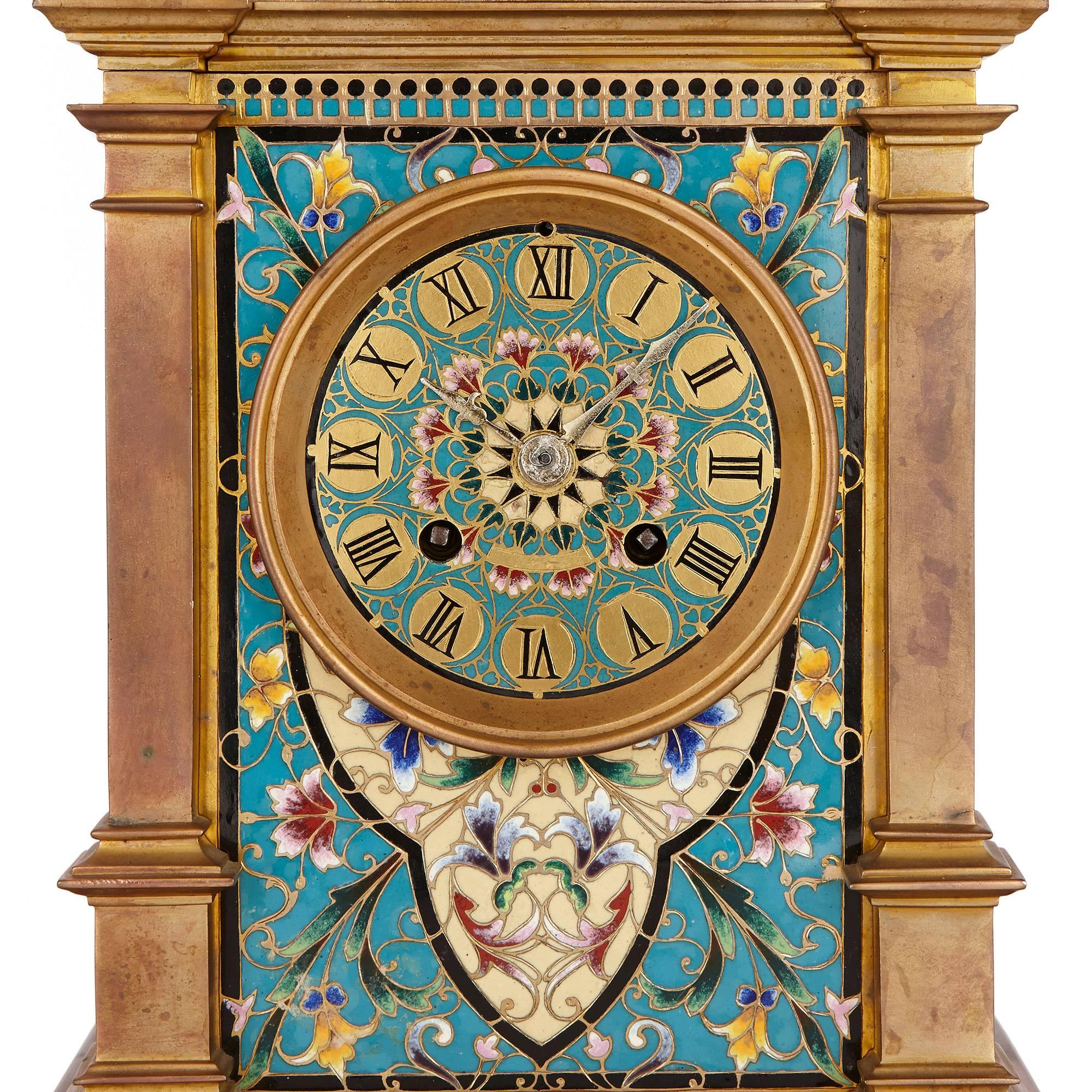Champlevé Antique French Clock Set in Champleve Enamel and Ormolu For Sale