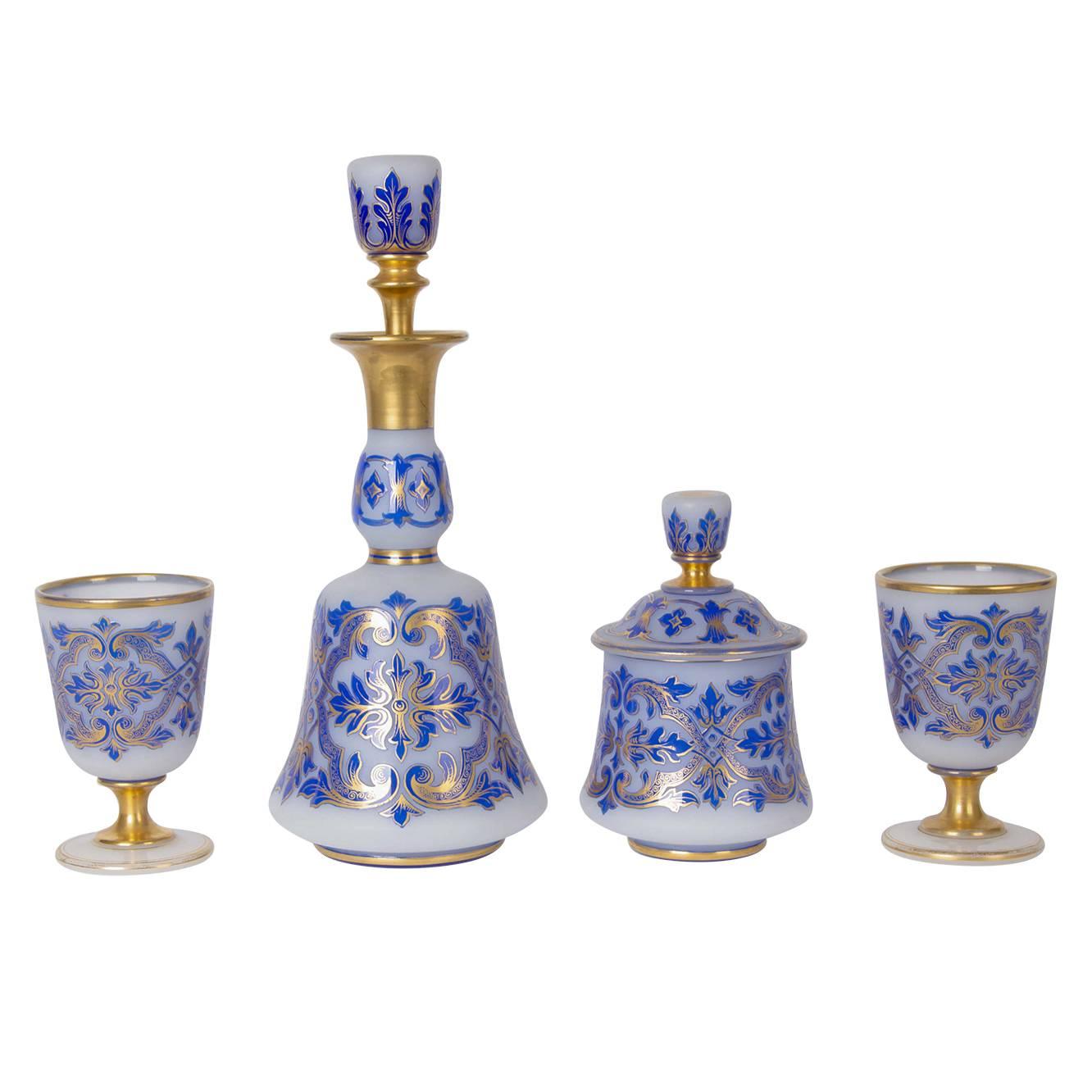 Four-Piece Luxury Drinking Set with Blue Glass Overlay For Sale