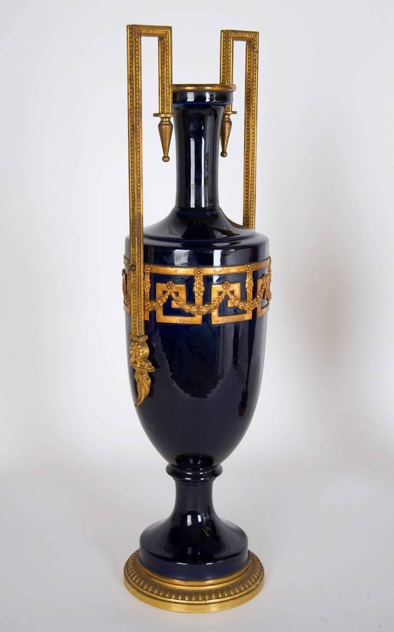 Pair Of Neoclassical Style Faience And Gilt Metal Vases For Sale