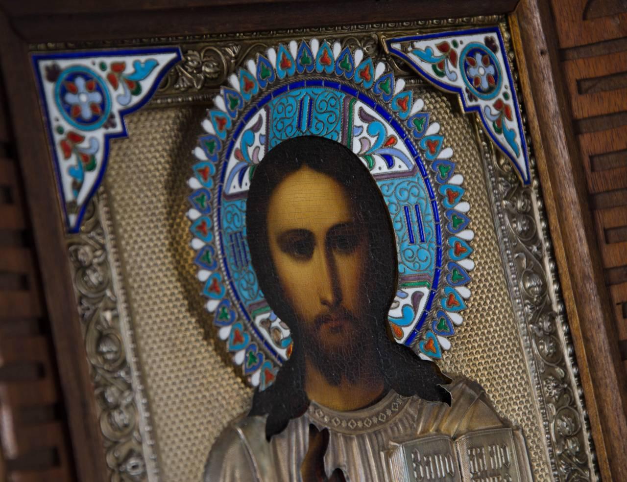 Antique Russian Icon of Christ in Silver Gilt and Cloisonne Enamel In Good Condition For Sale In London, GB