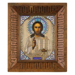 Antikes russisches Ikon des Christus in Silber vergoldet und Cloisonné-Emaille