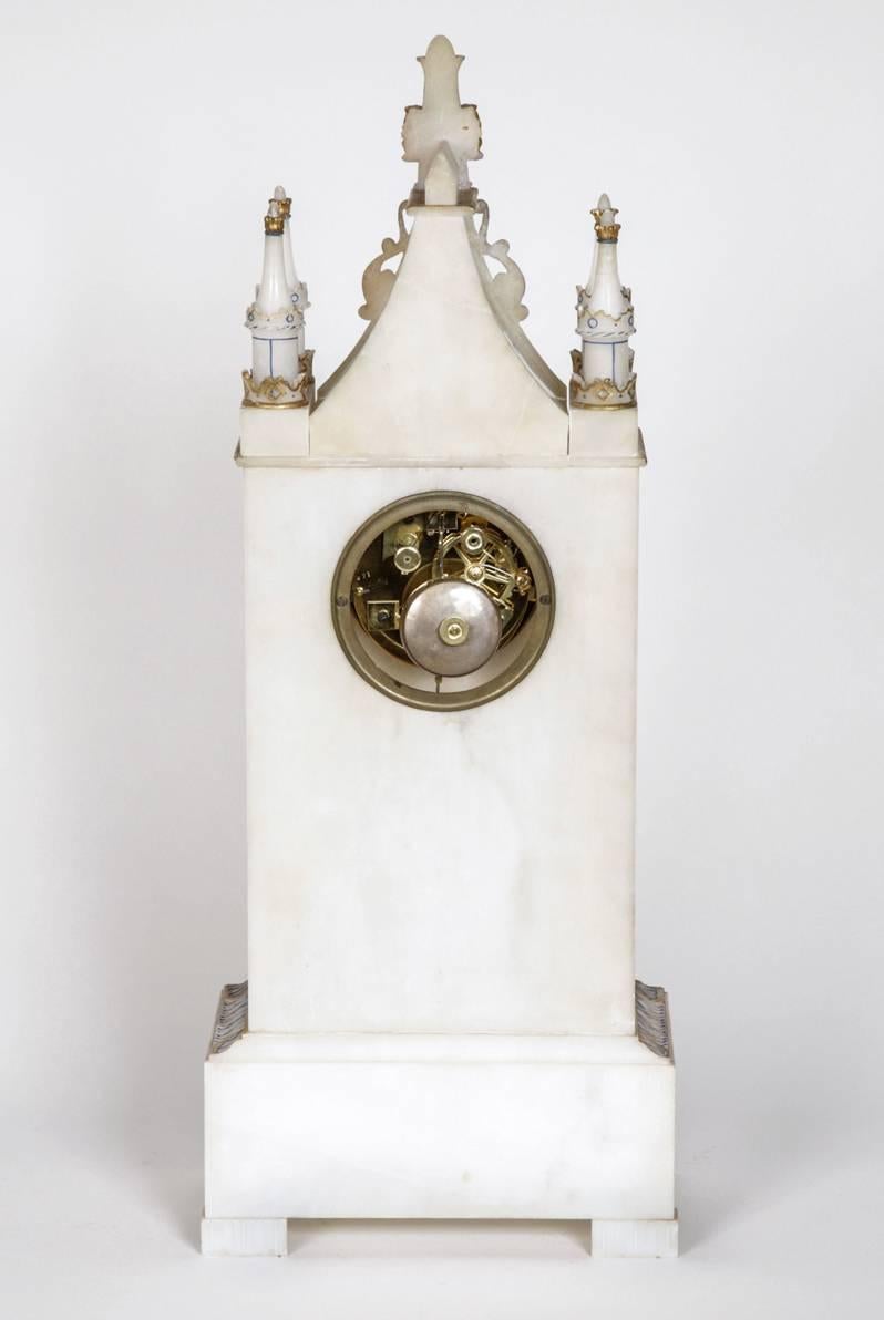 Gilt Three Piece Alabaster Clock Garniture in the Form of a Neo-Gothic Cathedral For Sale